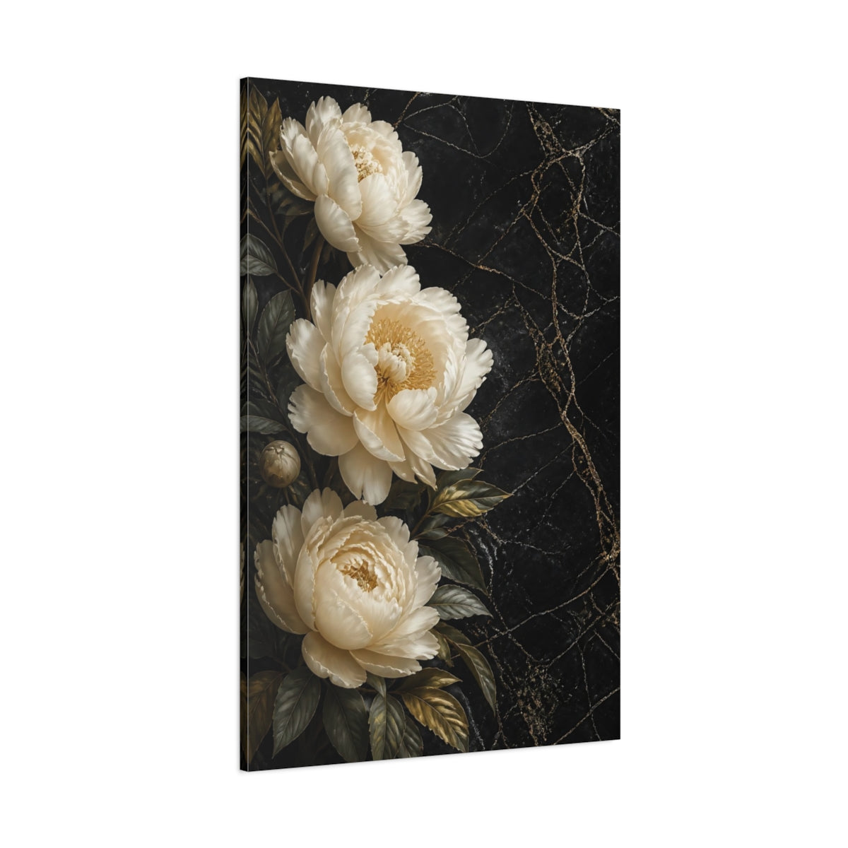 Side Mockup 1. Floral Peonies Black And Gold Floral shown as stretched canvas wall art