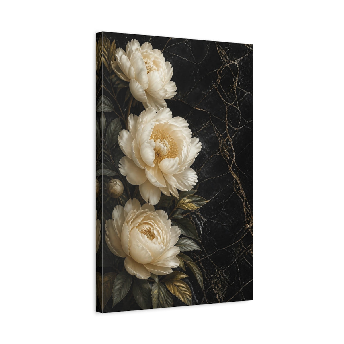 Side Mockup 3. Floral Peonies Black And Gold Floral shown as stretched canvas wall art