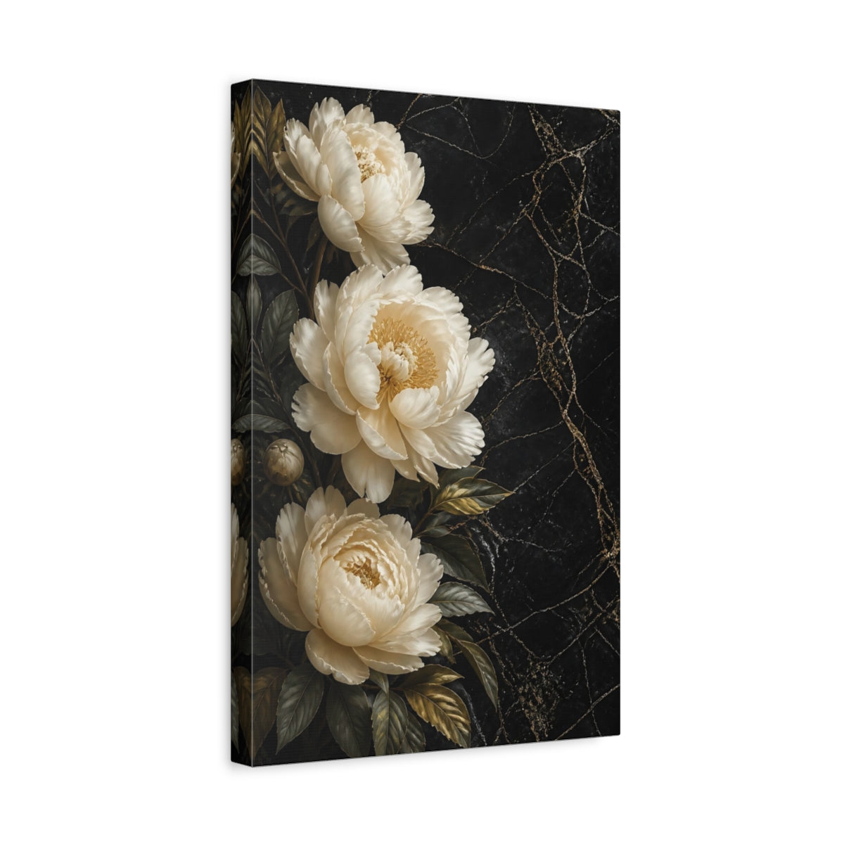 Side Mockup 4. Floral Peonies Black And Gold Floral shown as stretched canvas wall art