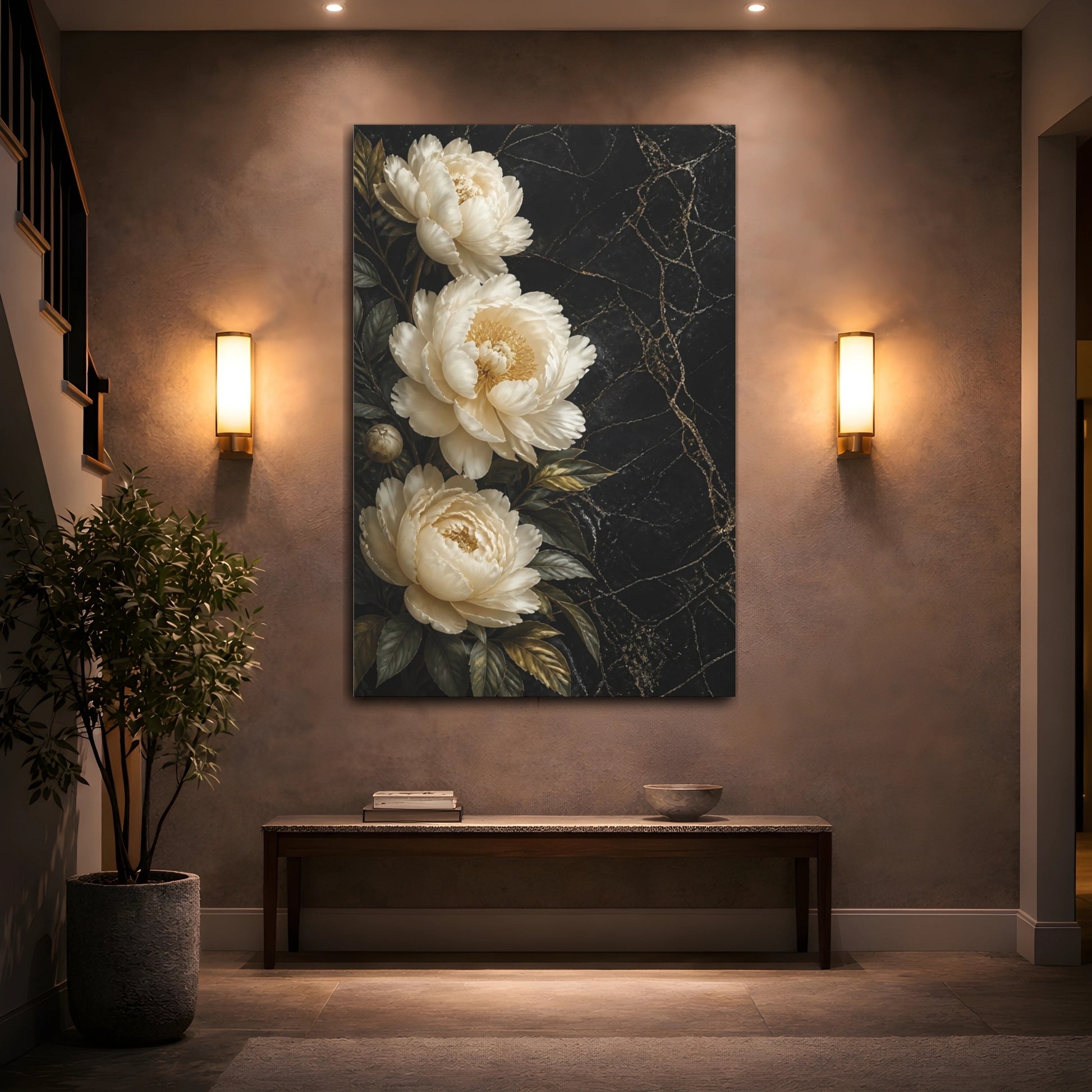 Mockup 2. Floral Peonies Black And Gold Floral shown as stretched canvas wall art