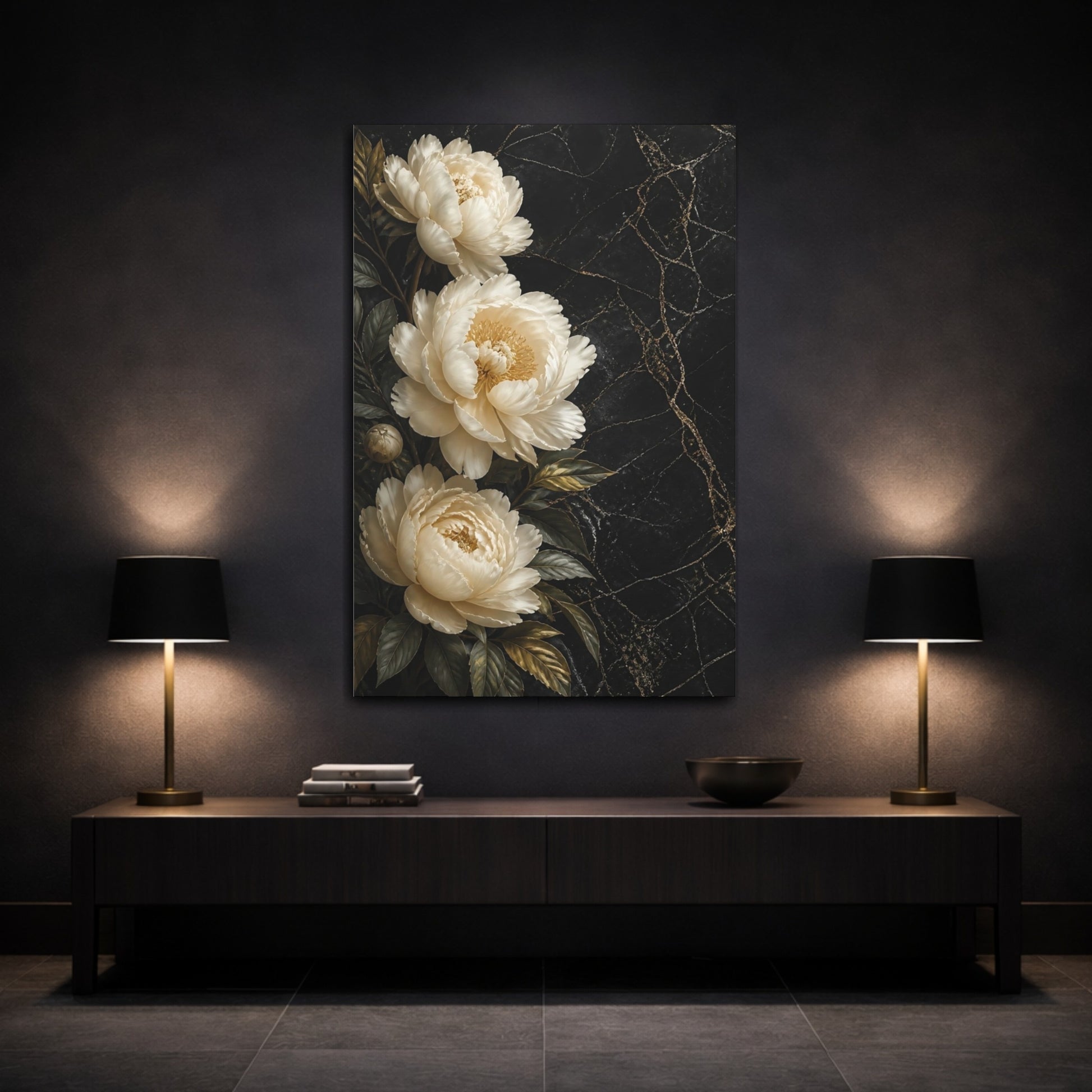 Mockup 3. Floral Peonies Black And Gold Floral shown as stretched canvas wall art