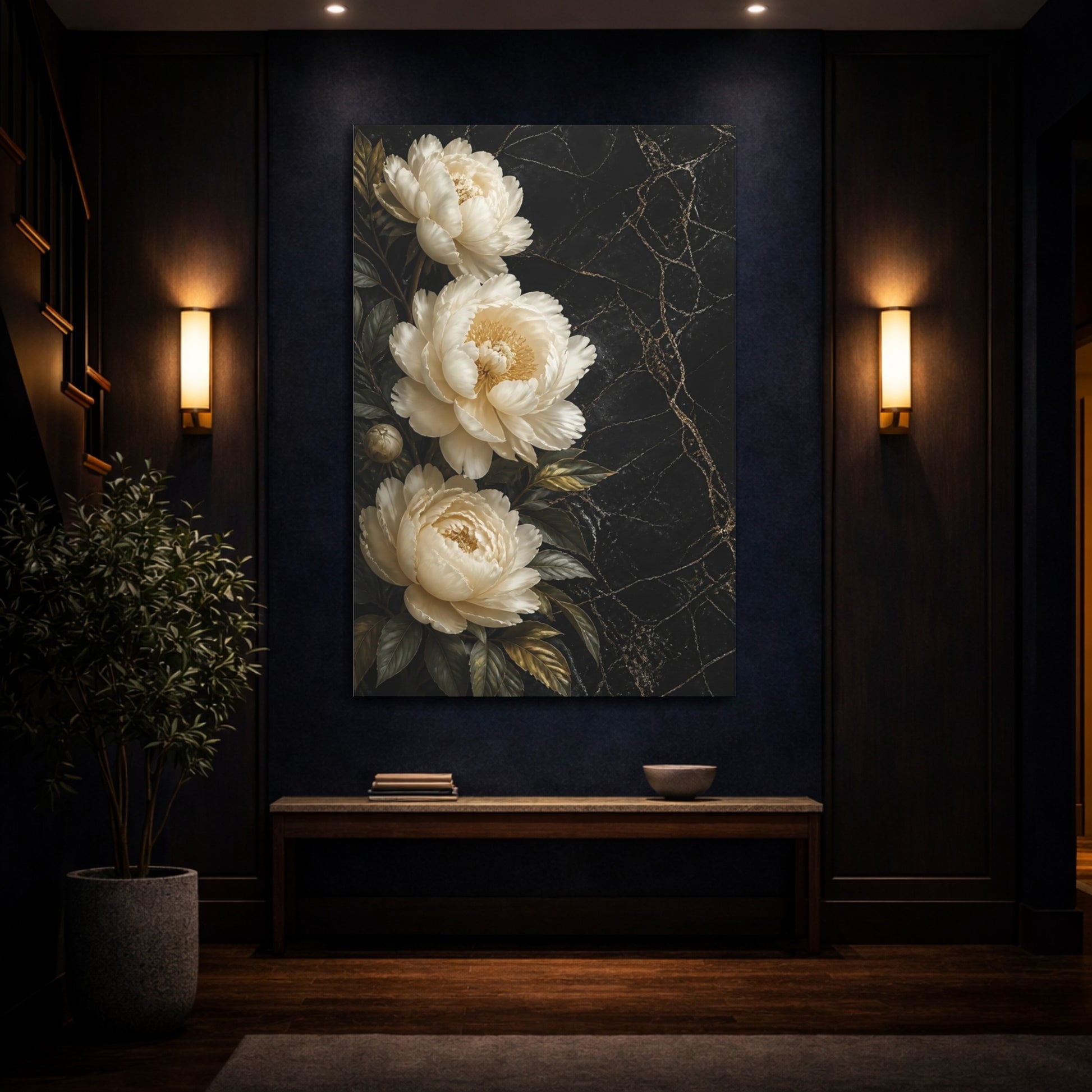 Mockup 4. Floral Peonies Black And Gold Floral shown as stretched canvas wall art