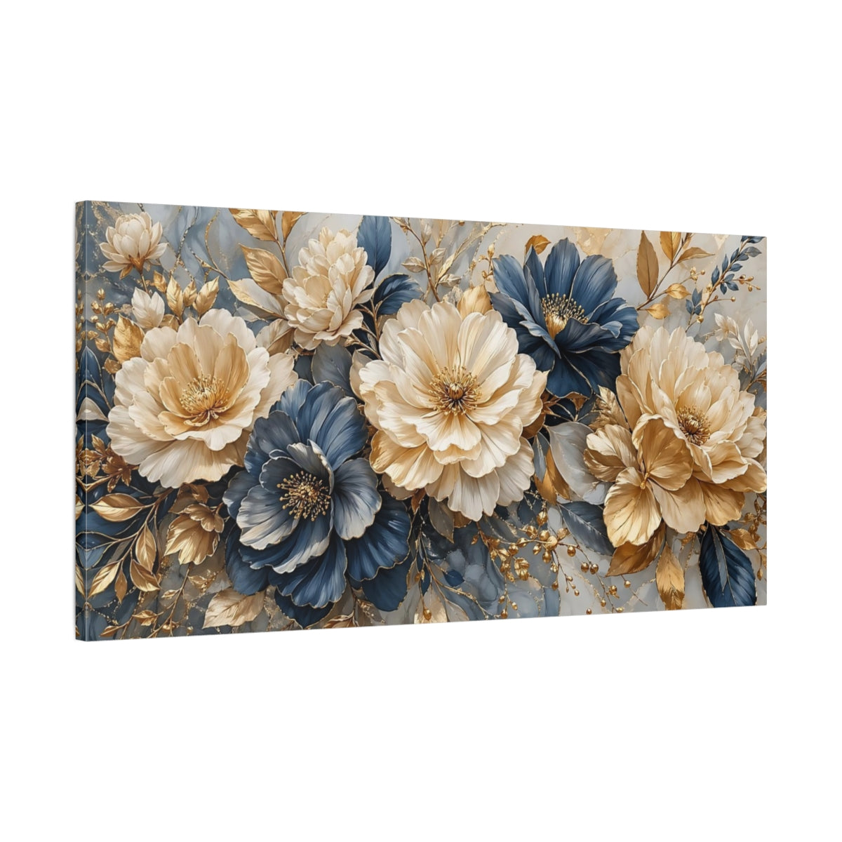 Main Mockup. Floral Peonies Blue And Gold shown as stretched canvas wall art