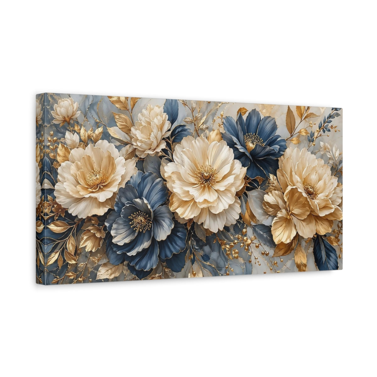 Side Mockup 3. Floral Peonies Blue And Gold shown as stretched canvas wall art