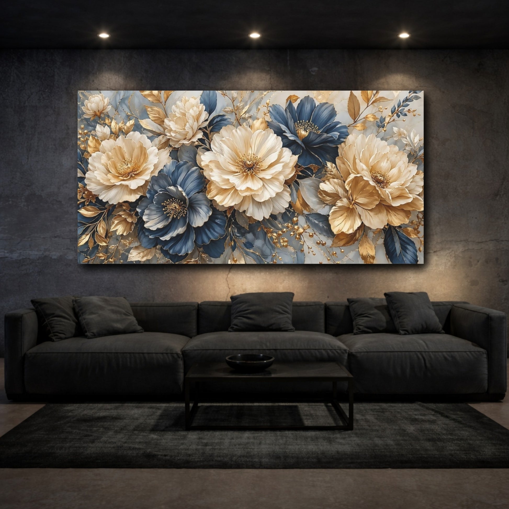 Mockup 2. Floral Peonies Blue And Gold shown as stretched canvas wall art