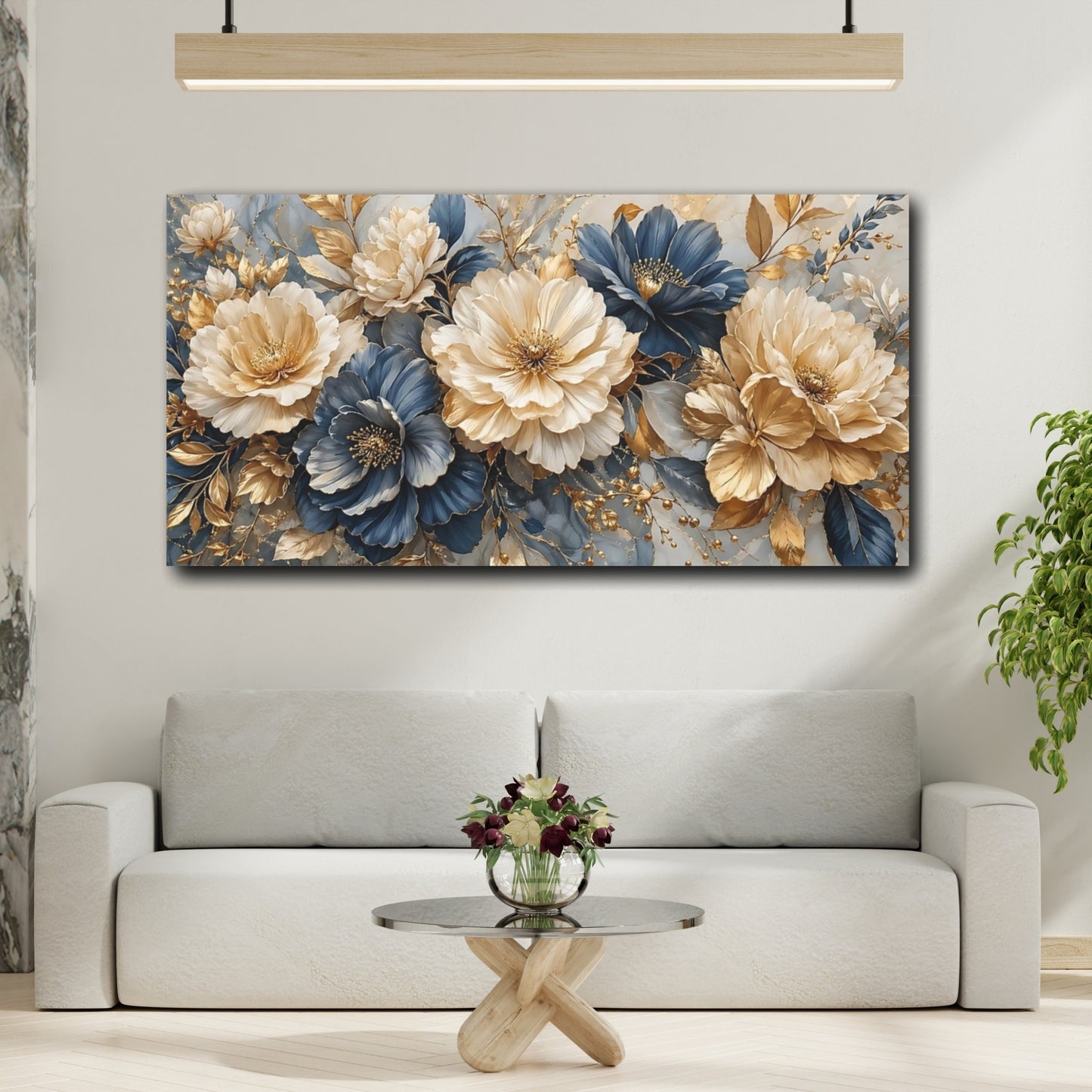 Mockup 3. Floral Peonies Blue And Gold shown as stretched canvas wall art