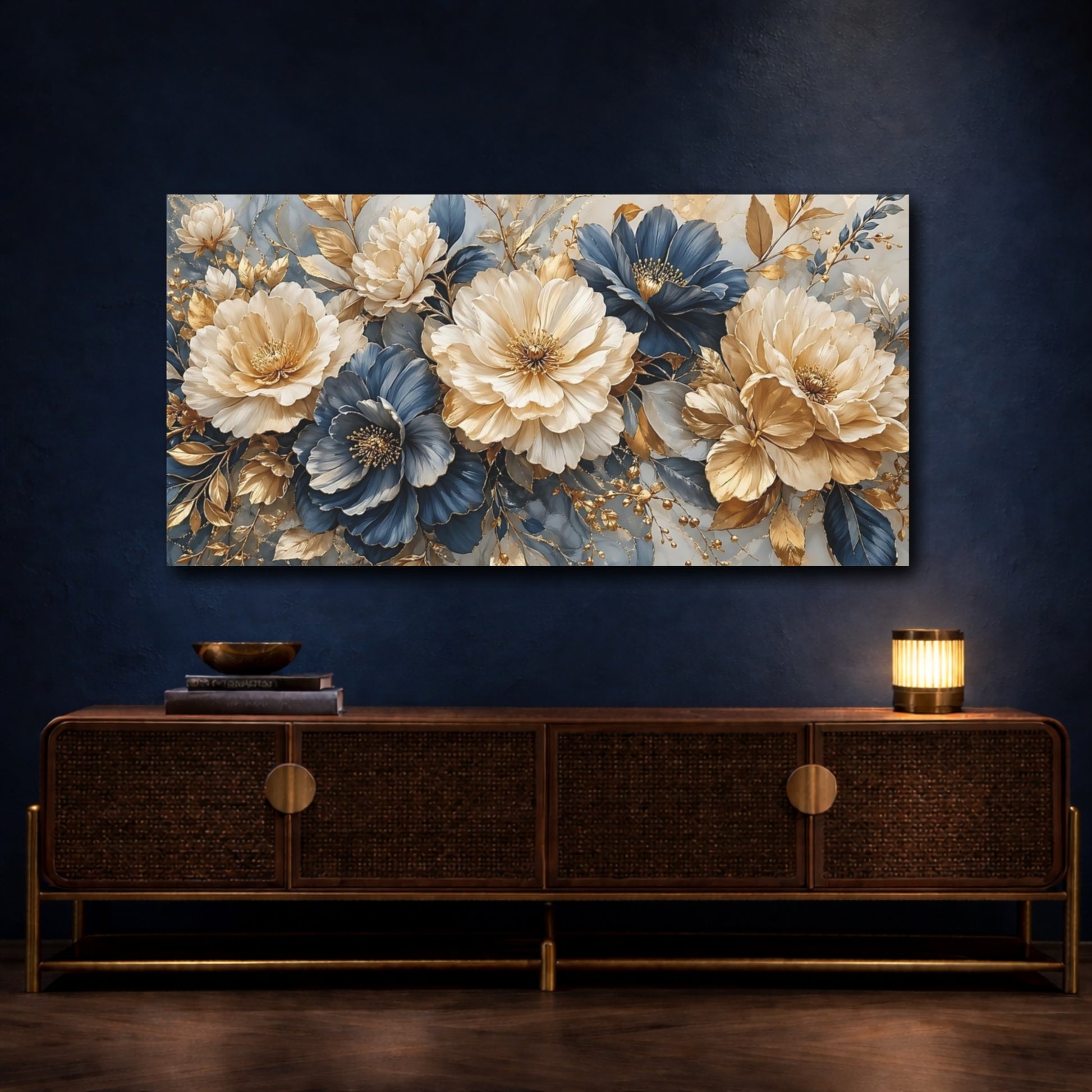 Mockup 4. Floral Peonies Blue And Gold shown as stretched canvas wall art
