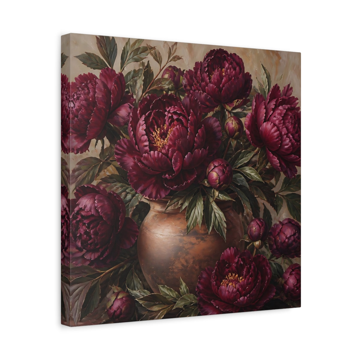 Side Mockup 6. Floral Peonies Burgundy Floral shown as stretched canvas wall art