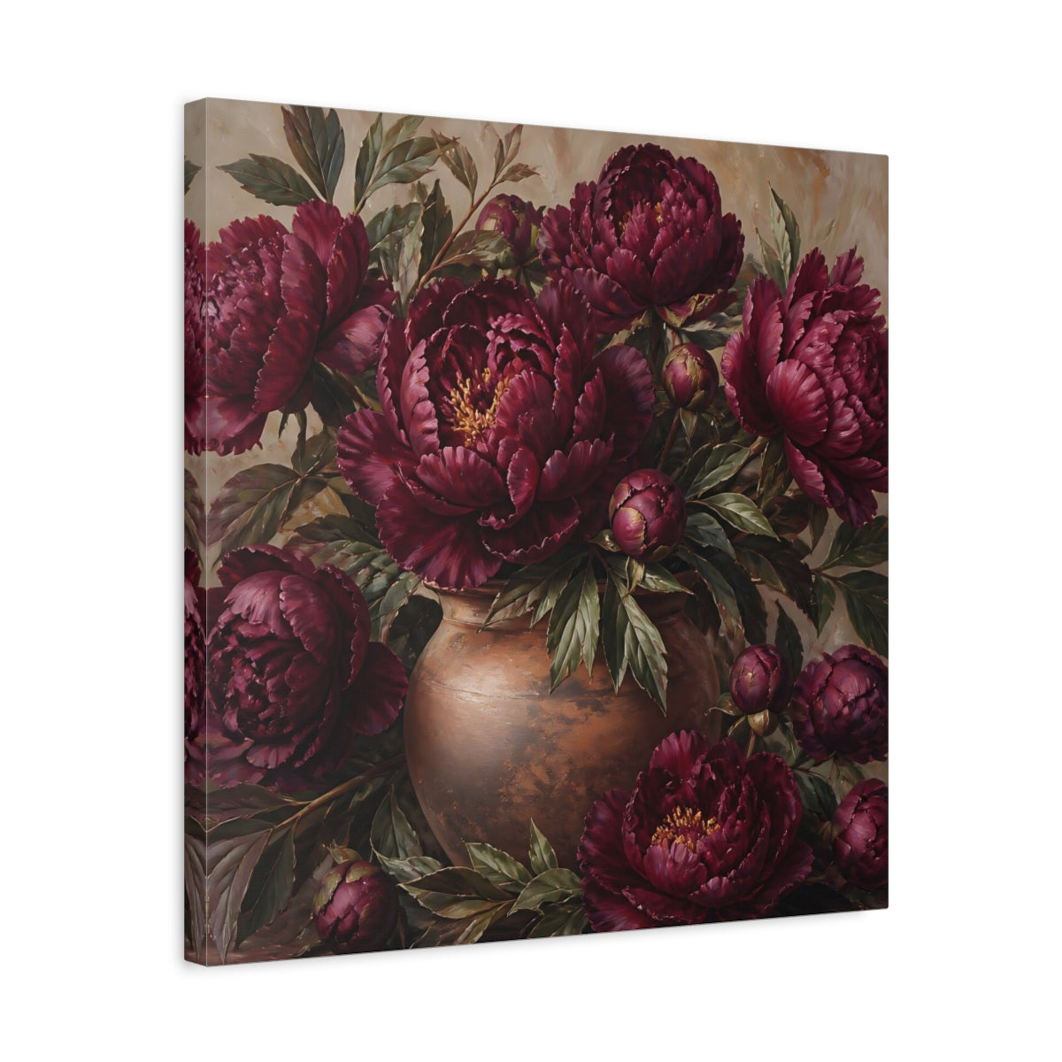 Side Mockup 5. Floral Peonies Burgundy Floral shown as stretched canvas wall art