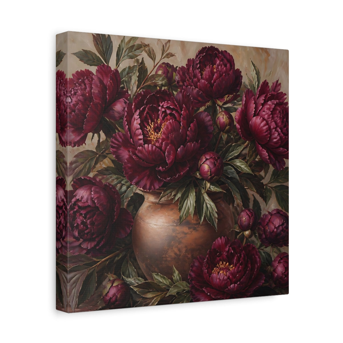 Side Mockup 8. Floral Peonies Burgundy Floral shown as stretched canvas wall art