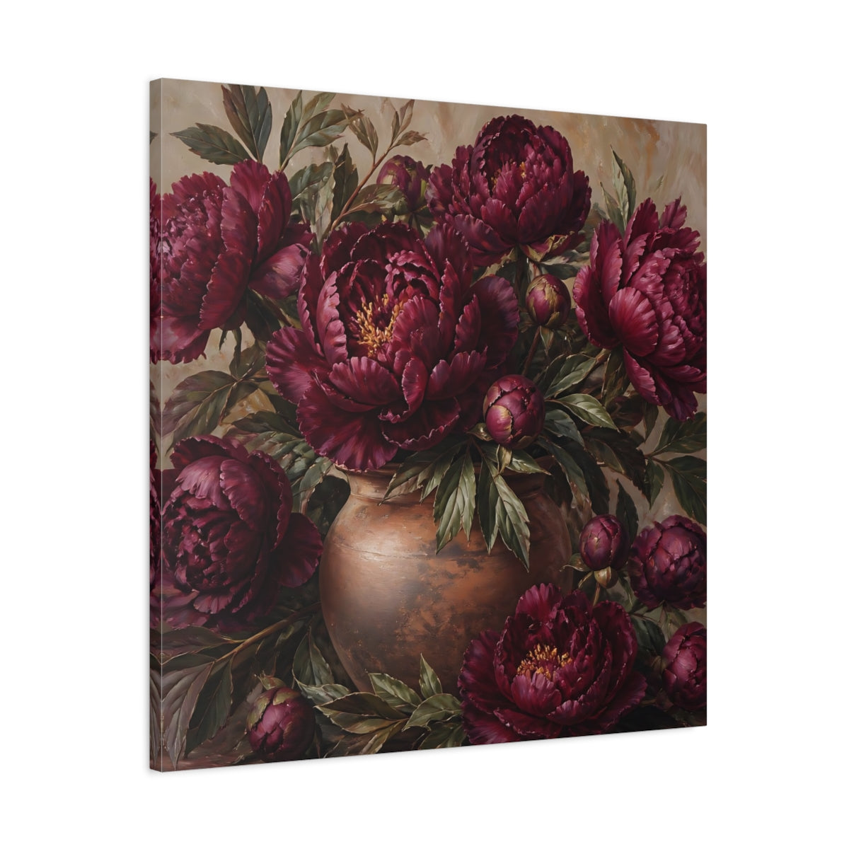 Side Mockup 3. Floral Peonies Burgundy Floral shown as stretched canvas wall art