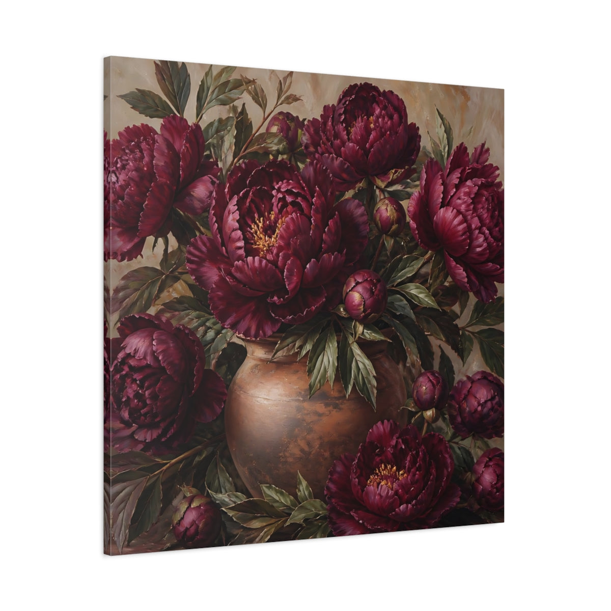 Side Mockup 1. Floral Peonies Burgundy Floral shown as stretched canvas wall art