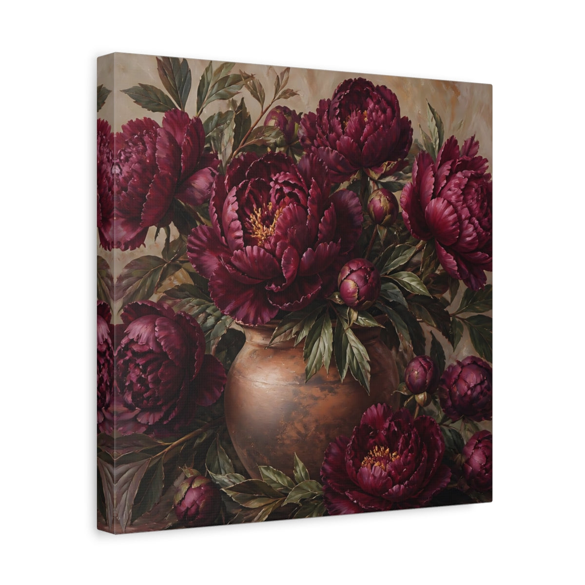 Side Mockup 7. Floral Peonies Burgundy Floral shown as stretched canvas wall art