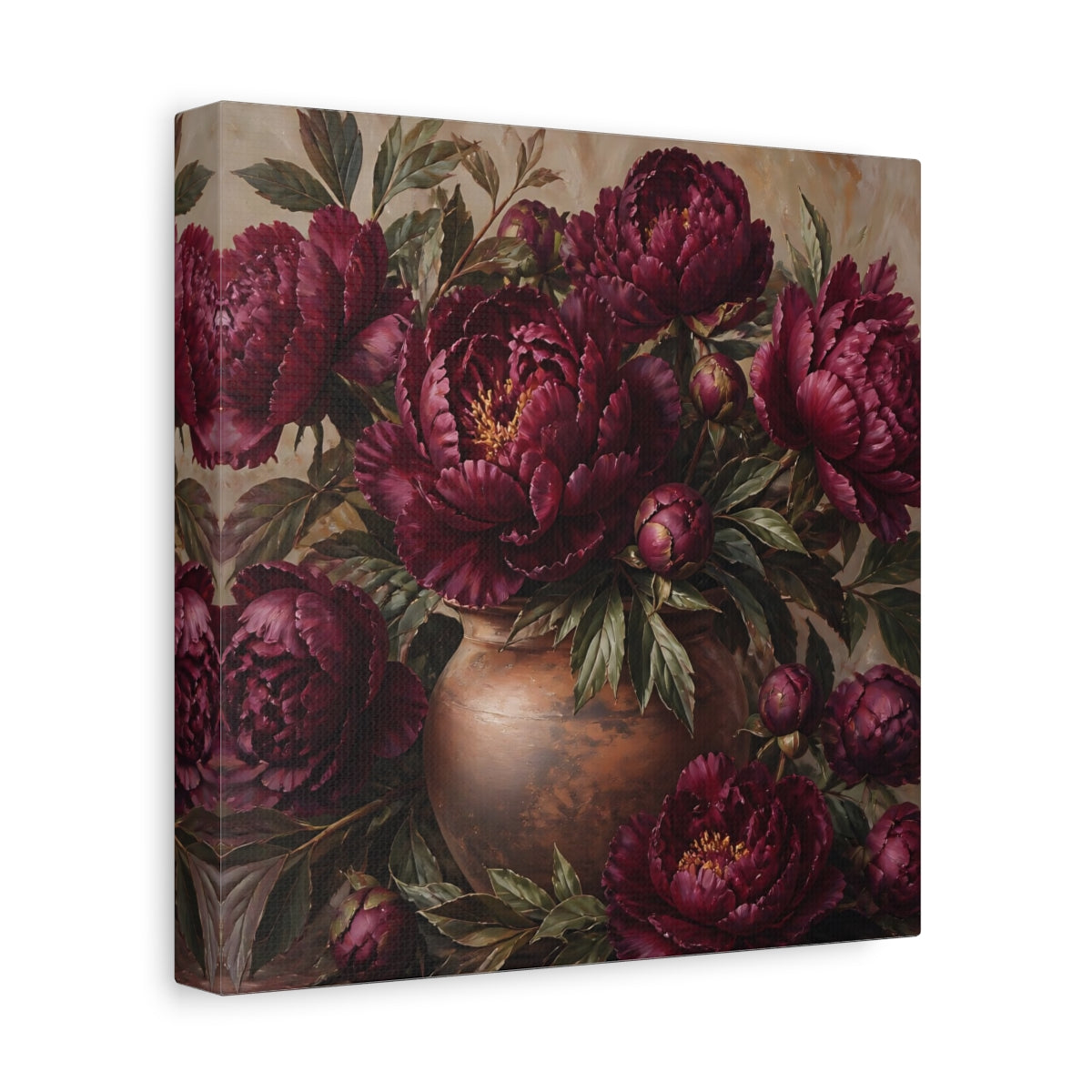 Side Mockup 9. Floral Peonies Burgundy Floral shown as stretched canvas wall art