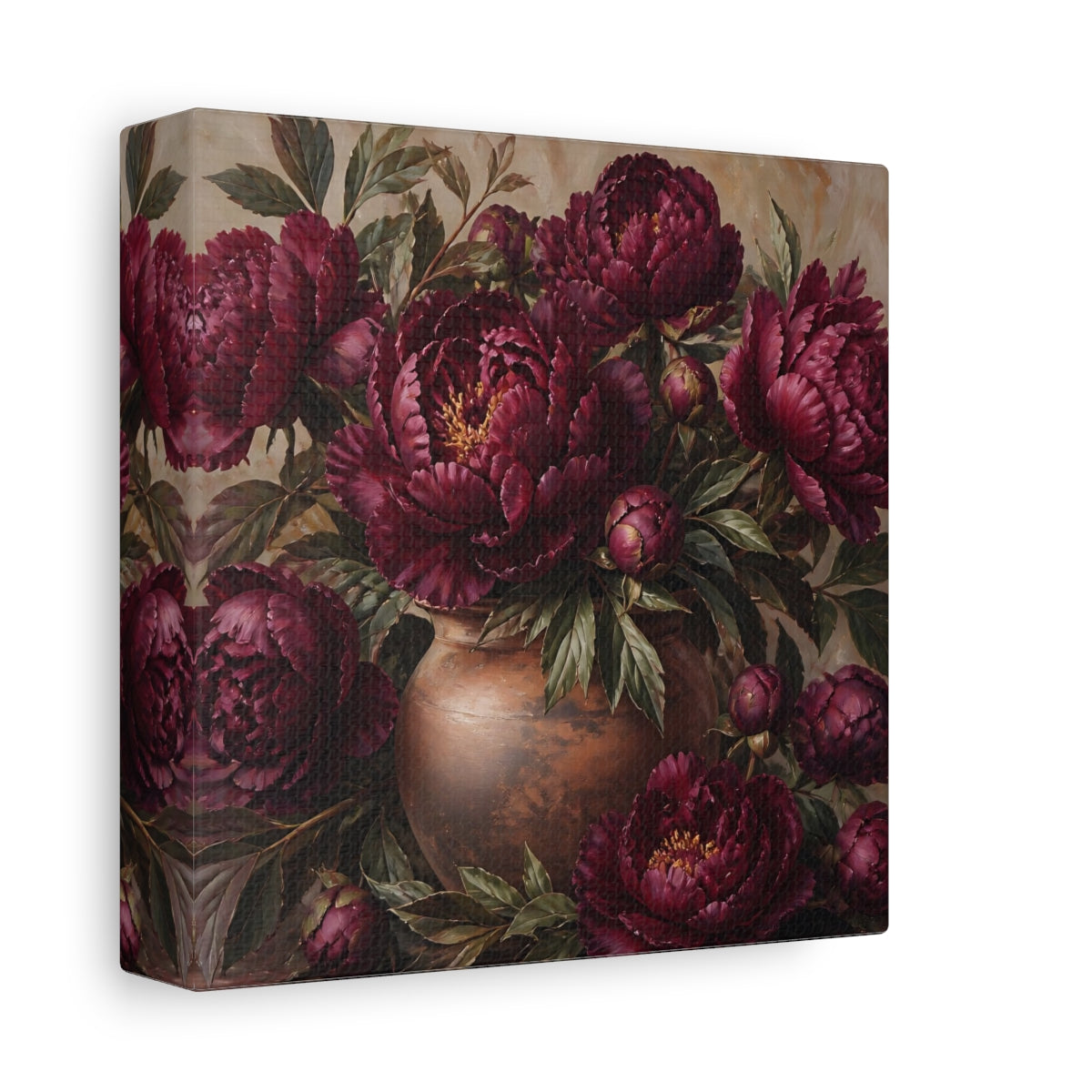 Side Mockup 2. Floral Peonies Burgundy Floral shown as stretched canvas wall art