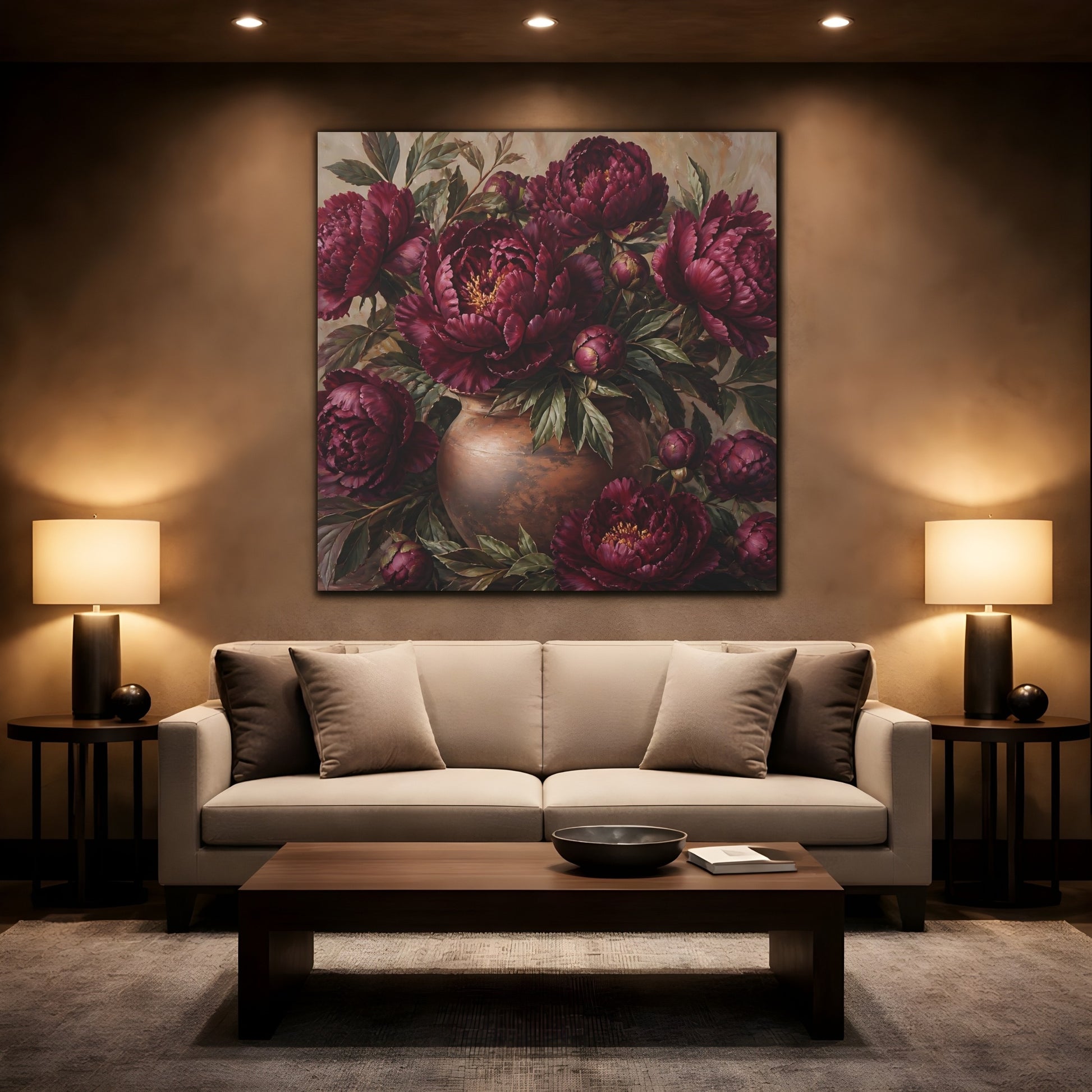 Mockup 2. Floral Peonies Burgundy Floral shown as stretched canvas wall art