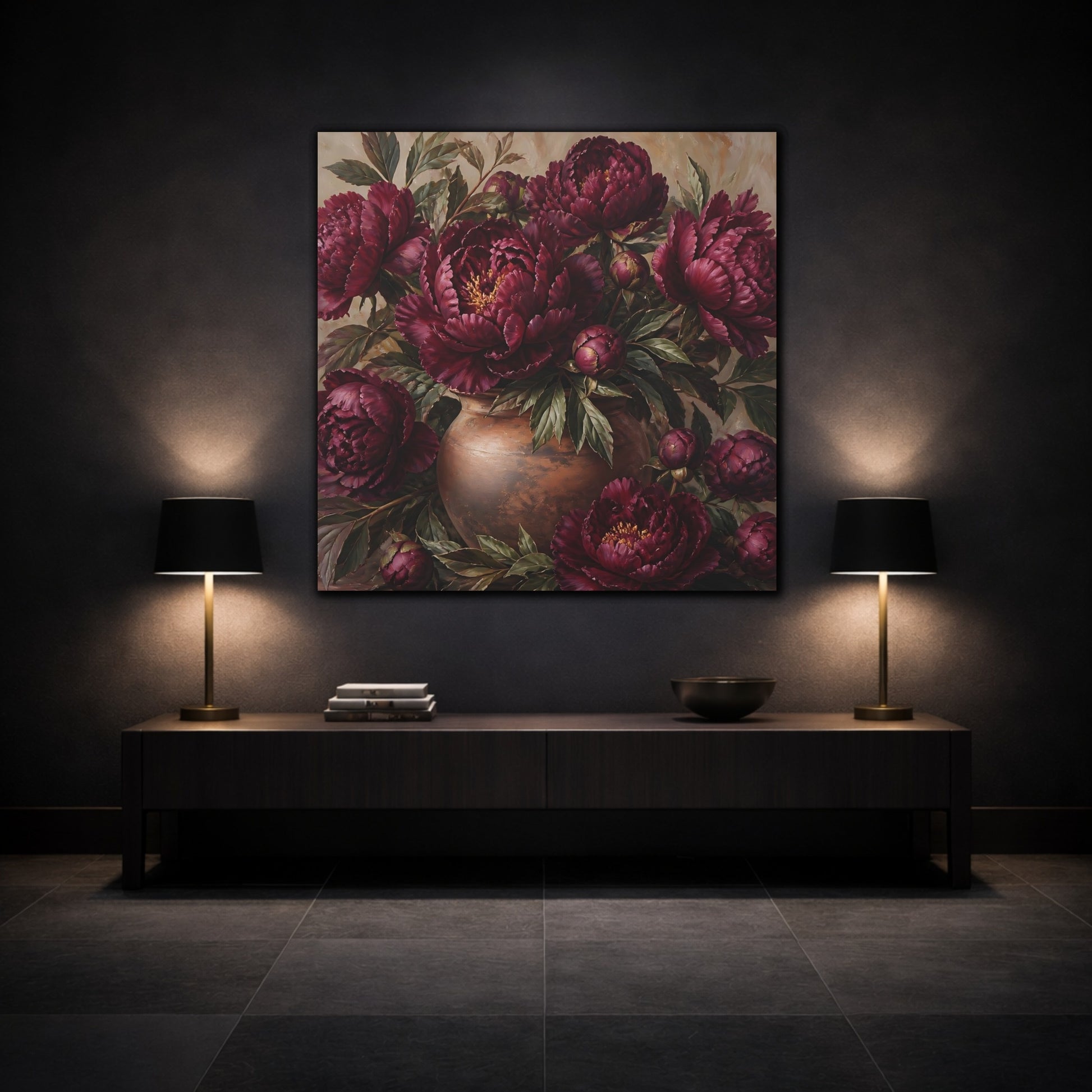 Mockup 3. Floral Peonies Burgundy Floral shown as stretched canvas wall art