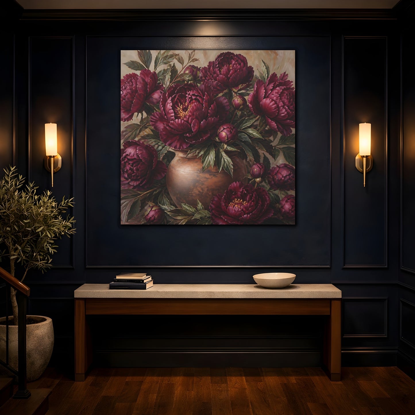 Mockup 4. Floral Peonies Burgundy Floral shown as stretched canvas wall art