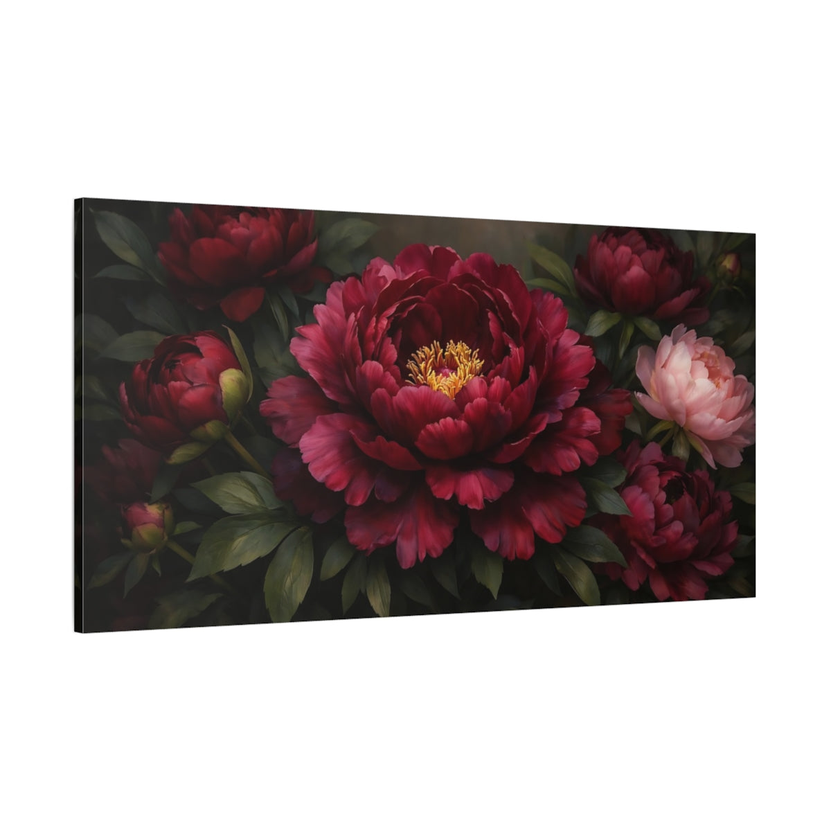 Main Mockup. Floral Peonies Burgundy Peonies shown as stretched canvas wall art