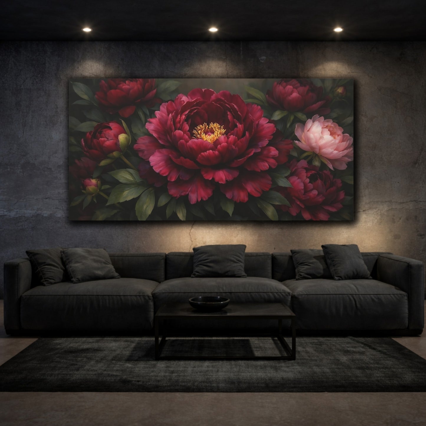 Mockup 2. Floral Peonies Burgundy Peonies shown as stretched canvas wall art
