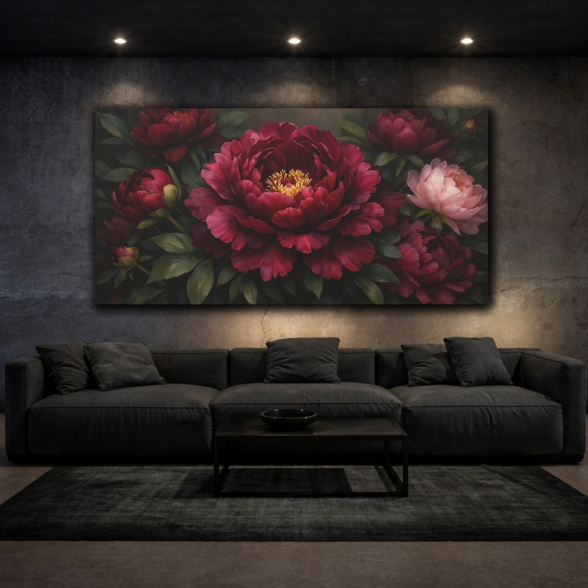 Mockup 2. Floral Peonies Burgundy Peonies shown as stretched canvas wall art