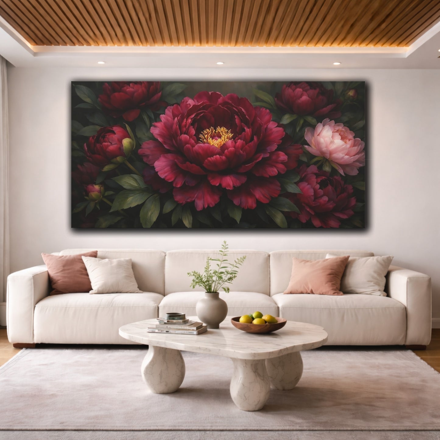 Mockup 3. Floral Peonies Burgundy Peonies shown as stretched canvas wall art