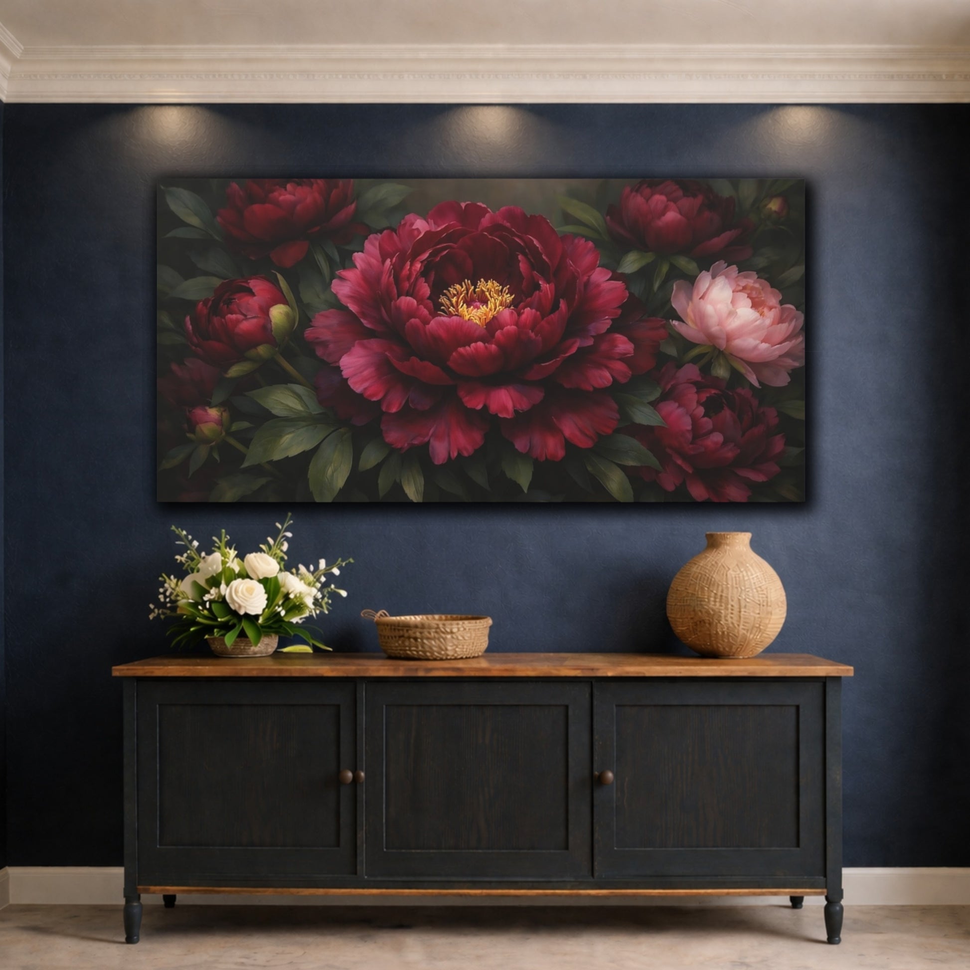 Mockup 4. Floral Peonies Burgundy Peonies shown as stretched canvas wall art