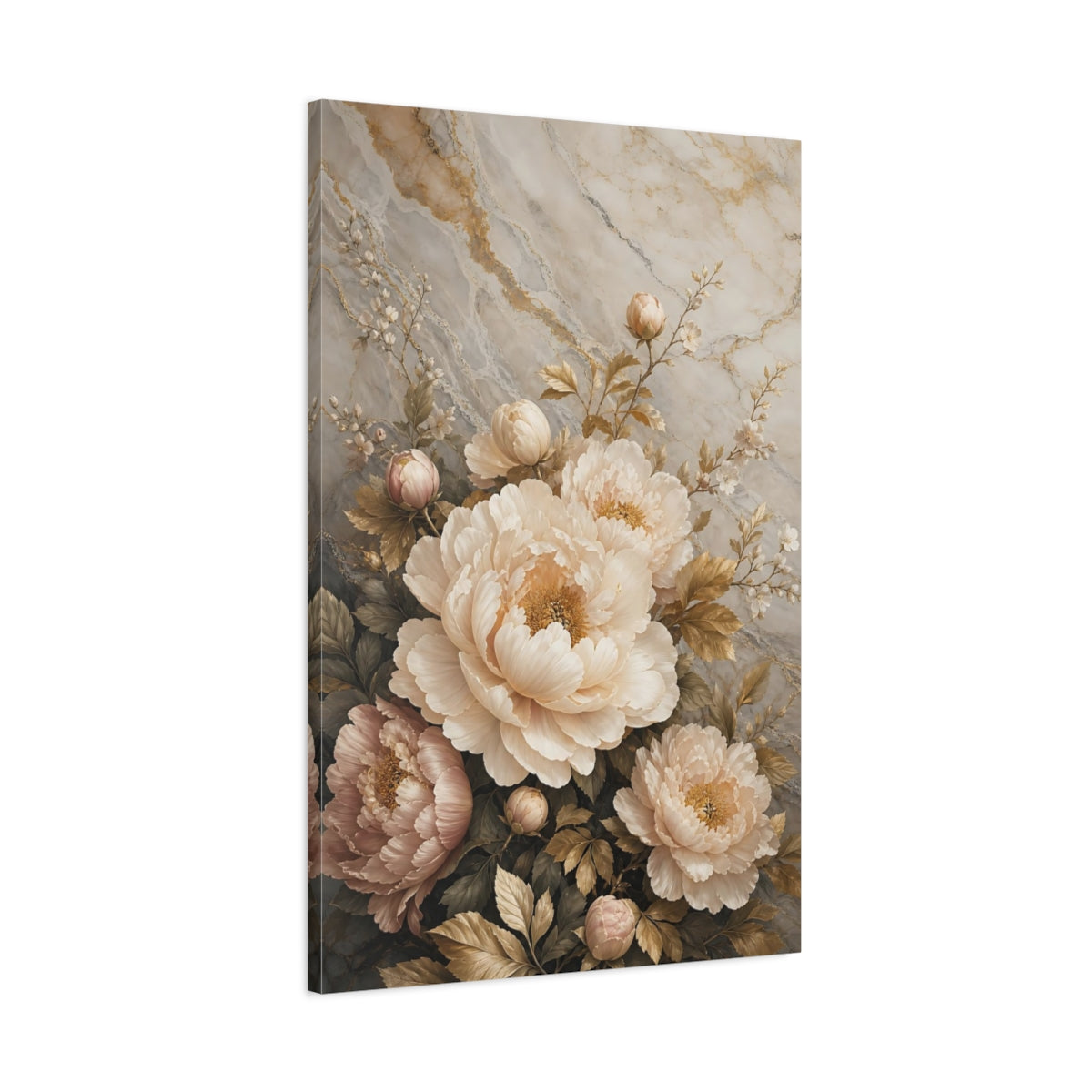 Main Mockup. Floral Peonies Cream And Gold shown as stretched canvas wall art