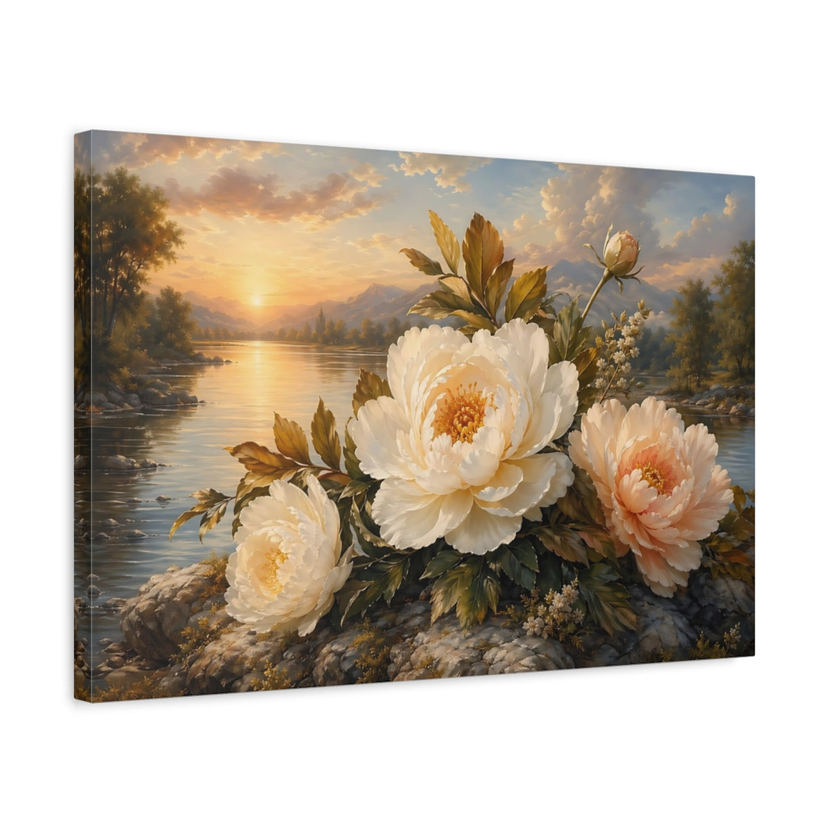 Side Mockup 3. Floral Peonies Cream And Gold Peonies shown as stretched canvas wall art
