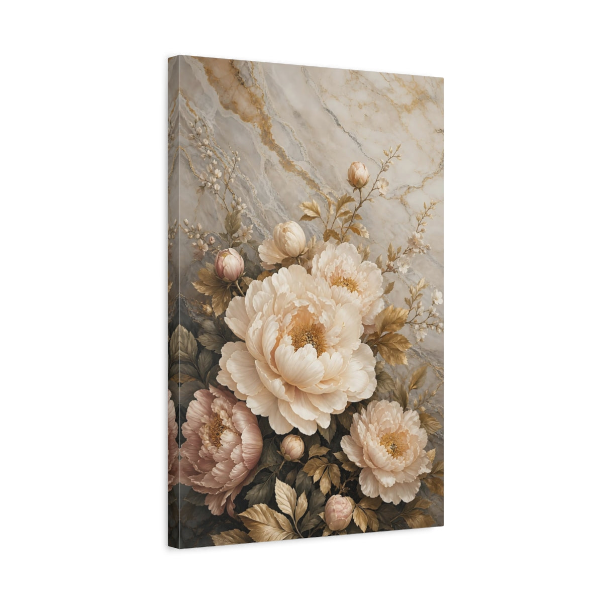 Side Mockup 3. Floral Peonies Cream And Gold shown as stretched canvas wall art