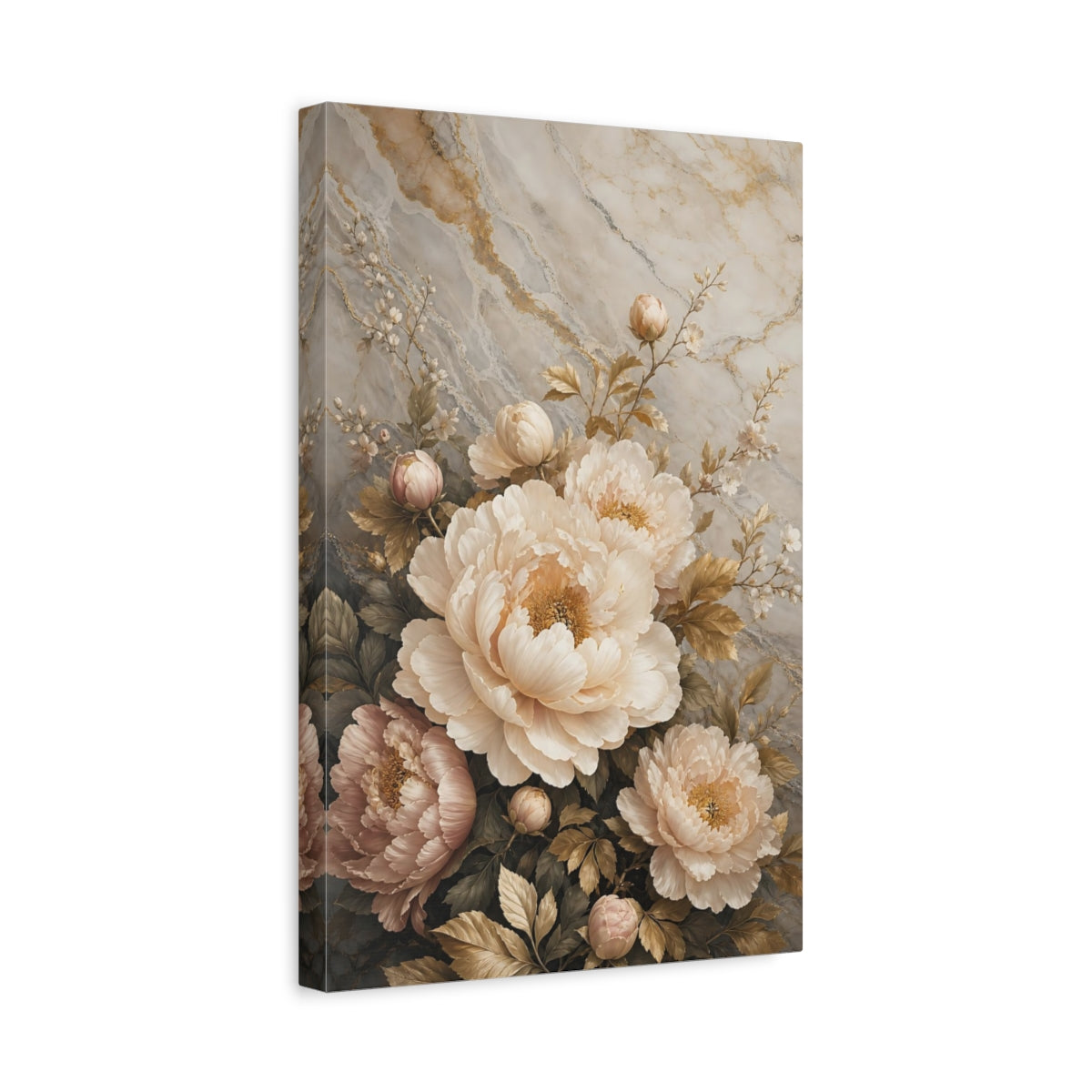 Side Mockup 4. Floral Peonies Cream And Gold shown as stretched canvas wall art