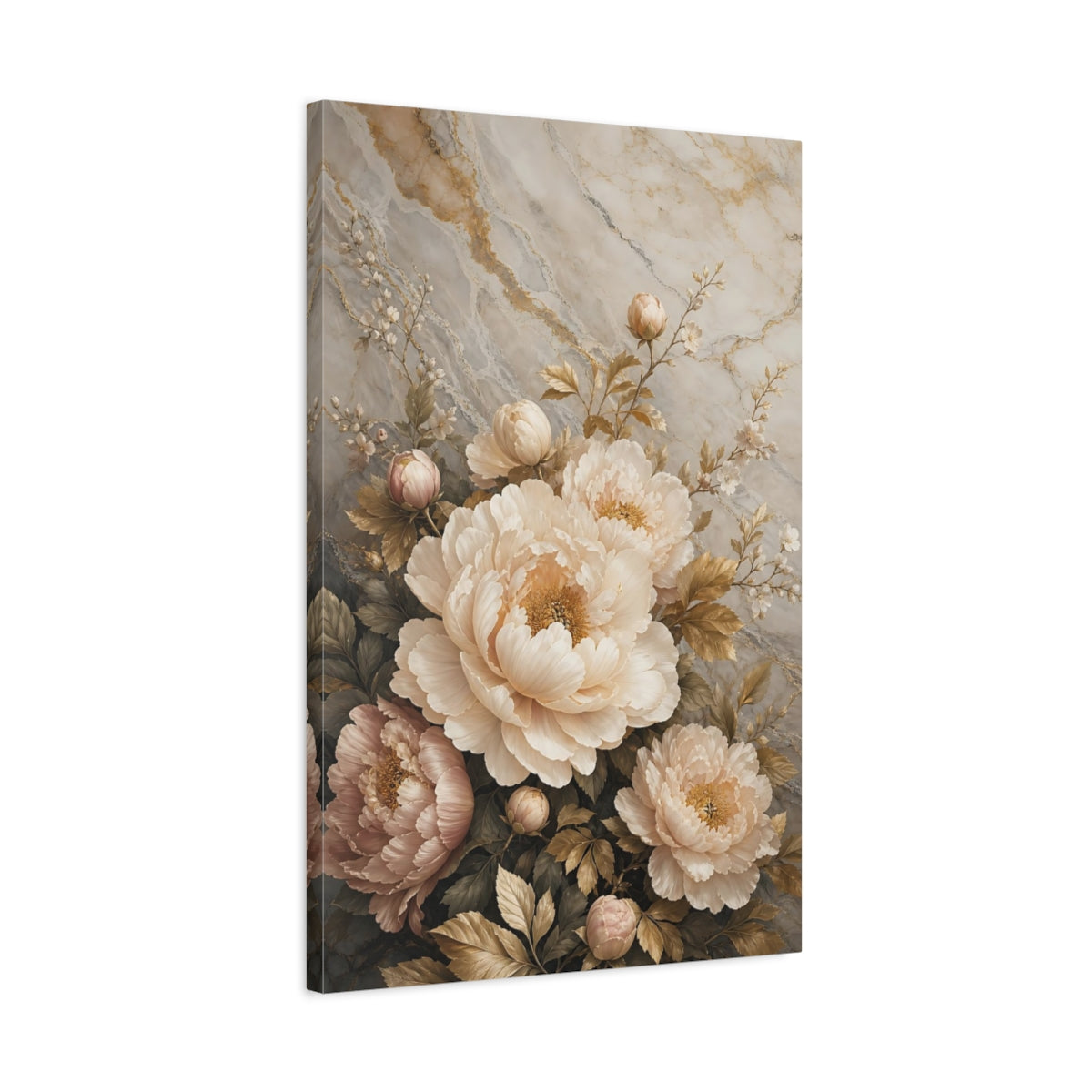 Side Mockup 2. Floral Peonies Cream And Gold shown as stretched canvas wall art