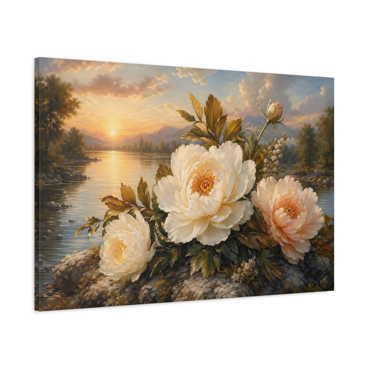 Main Mockup. Floral Peonies Cream And Gold Peonies shown as stretched canvas wall art