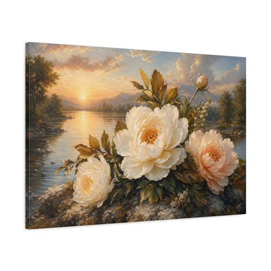 Main Mockup. Floral Peonies Cream And Gold Peonies shown as stretched canvas wall art