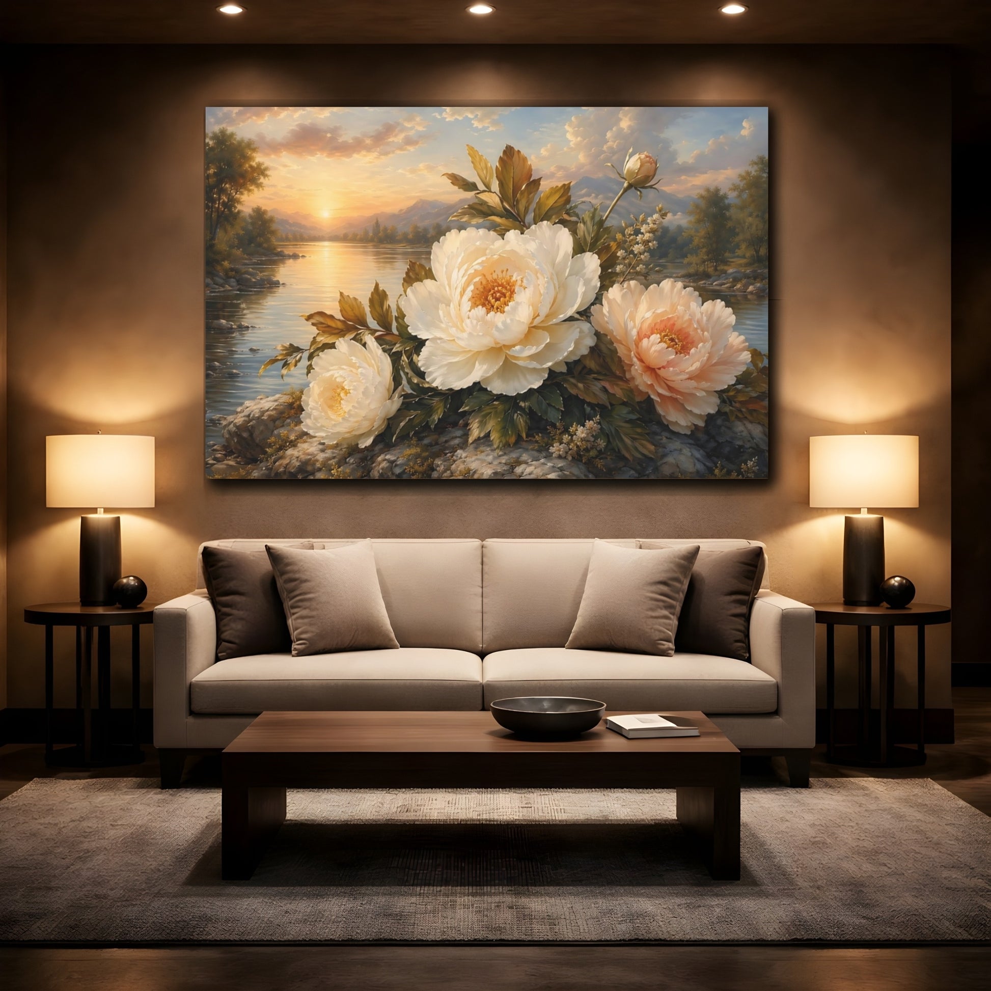 Mockup 2. Floral Peonies Cream And Gold Peonies shown as stretched canvas wall art