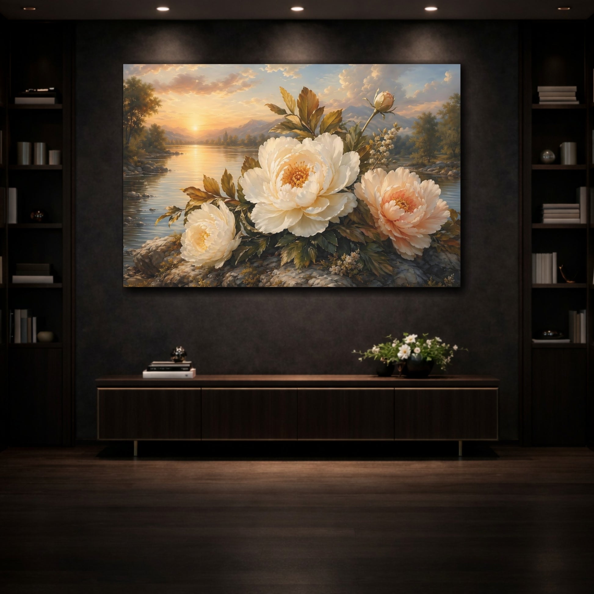 Mockup 3. Floral Peonies Cream And Gold Peonies shown as stretched canvas wall art