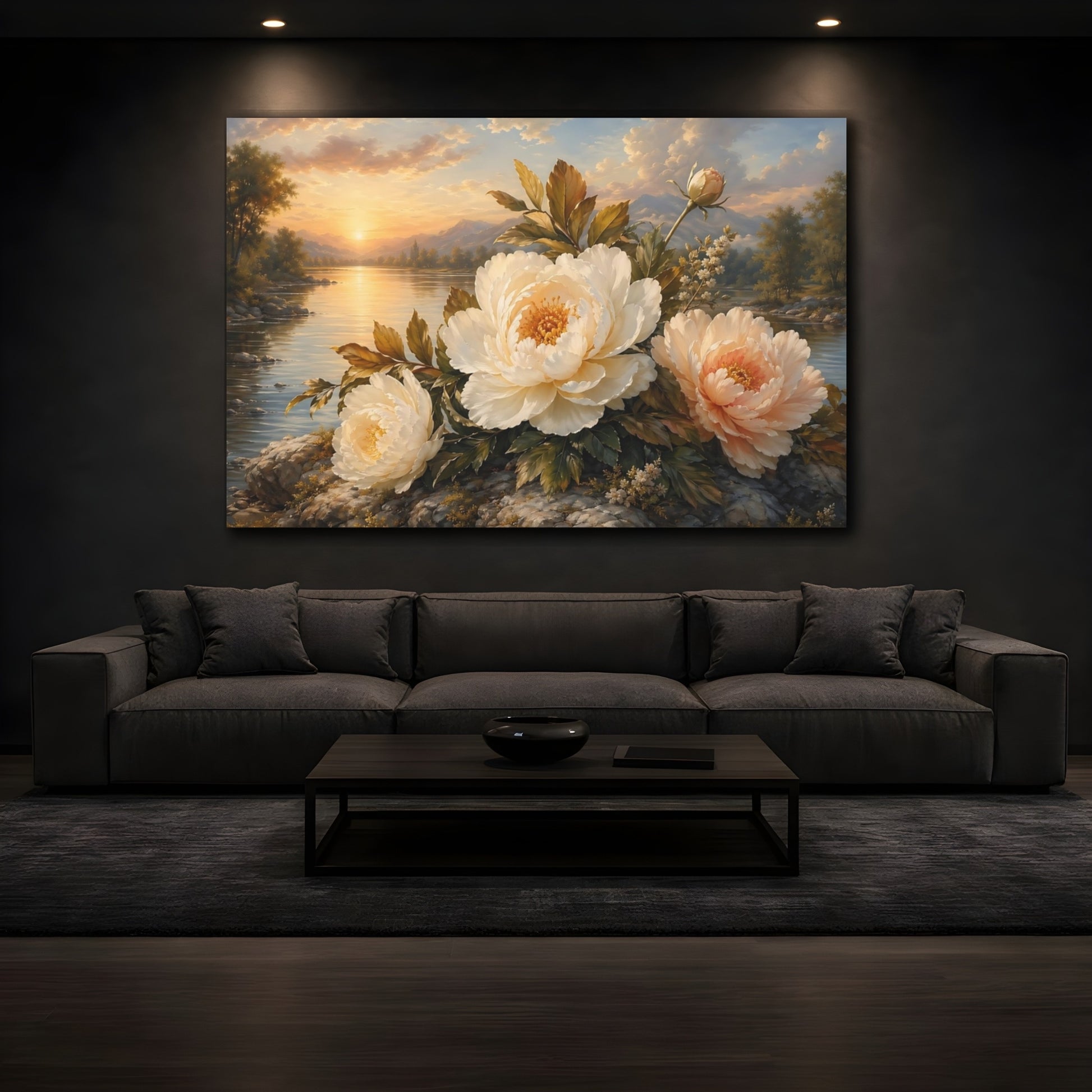 Mockup 4. Floral Peonies Cream And Gold Peonies shown as stretched canvas wall art