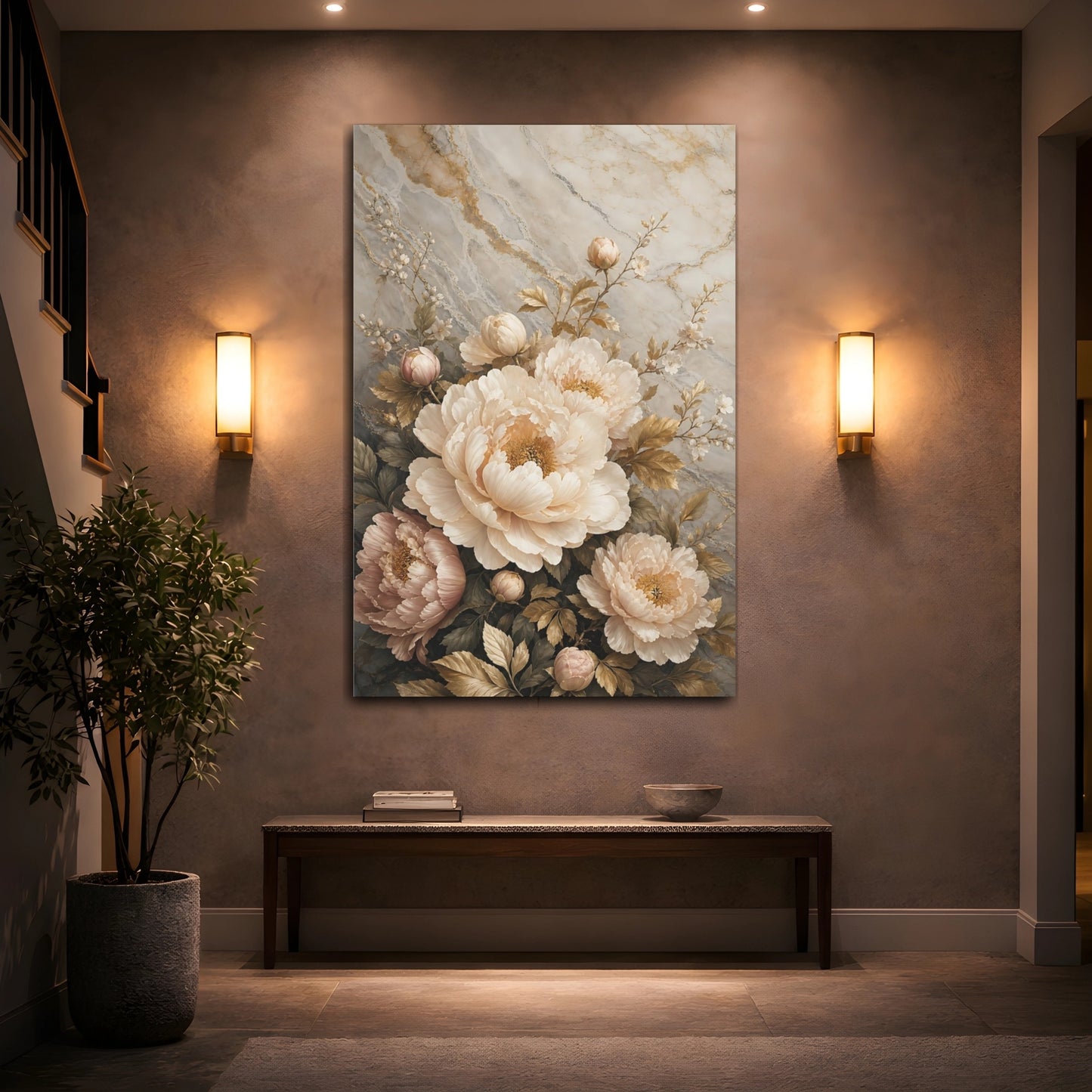 Mockup 2. Floral Peonies Cream And Gold shown as stretched canvas wall art