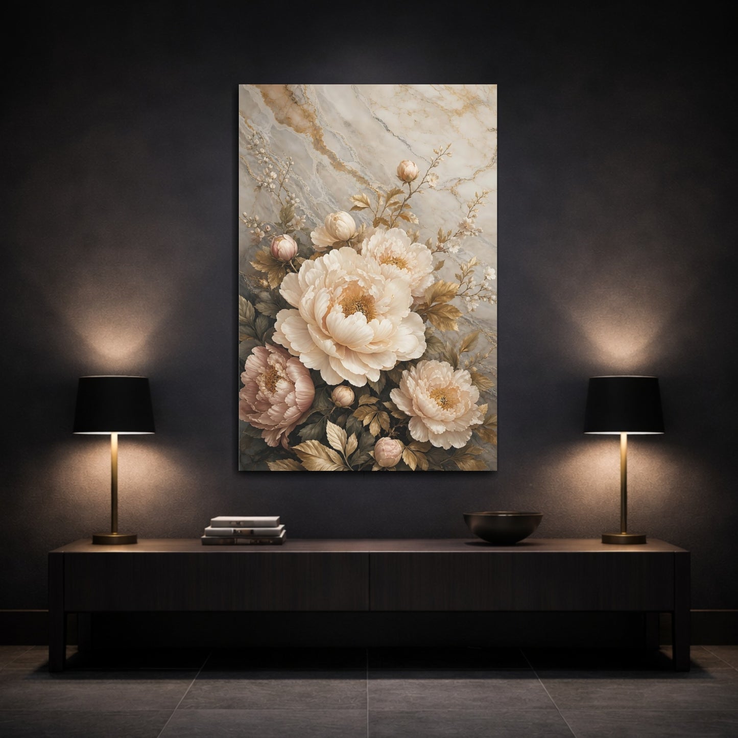 Mockup 3. Floral Peonies Cream And Gold shown as stretched canvas wall art