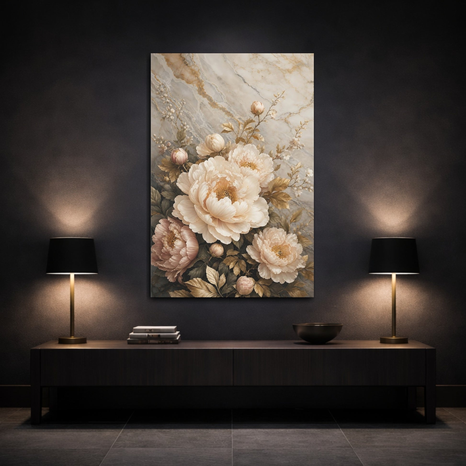 Mockup 3. Floral Peonies Cream And Gold shown as stretched canvas wall art