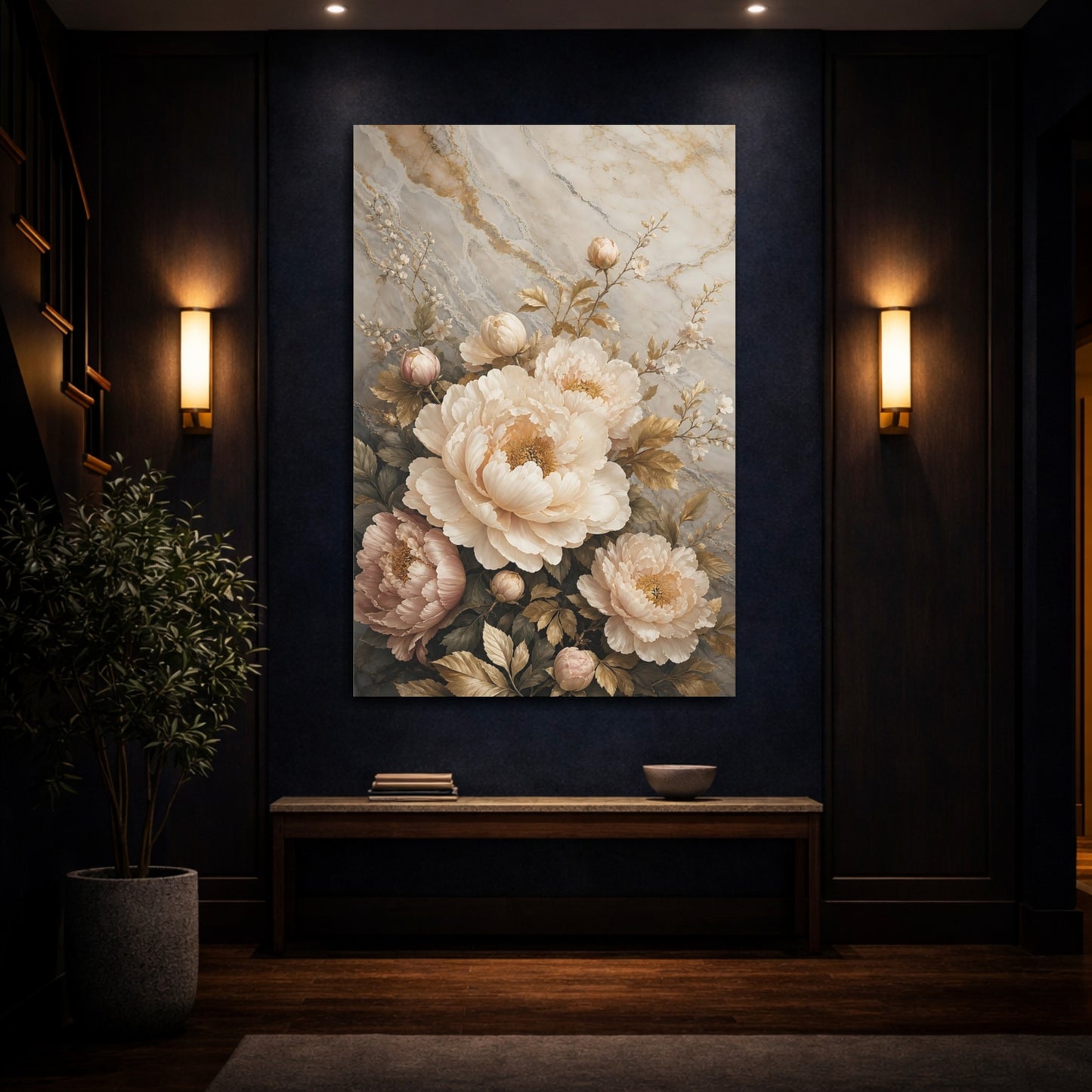 Mockup 4. Floral Peonies Cream And Gold shown as stretched canvas wall art