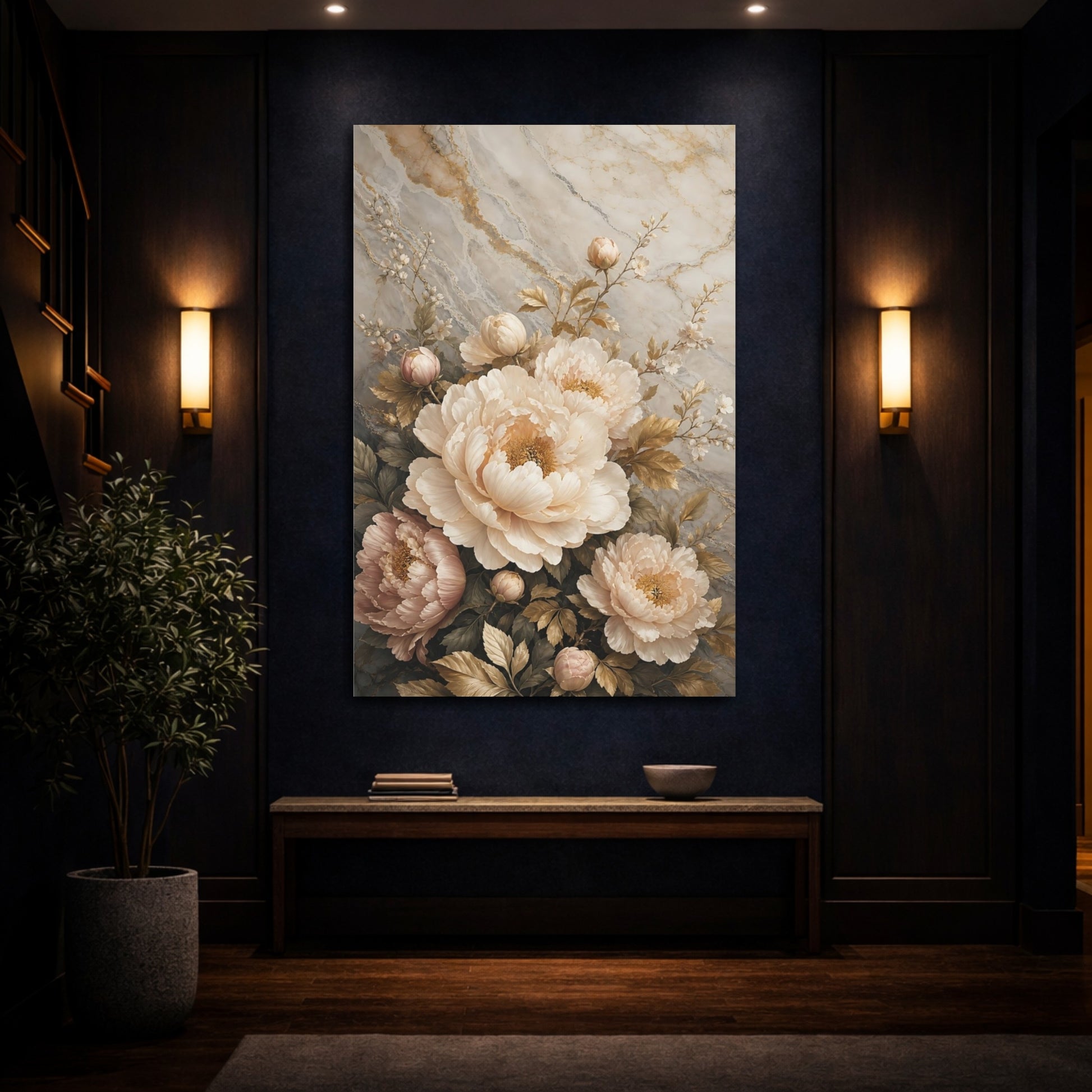 Mockup 4. Floral Peonies Cream And Gold shown as stretched canvas wall art