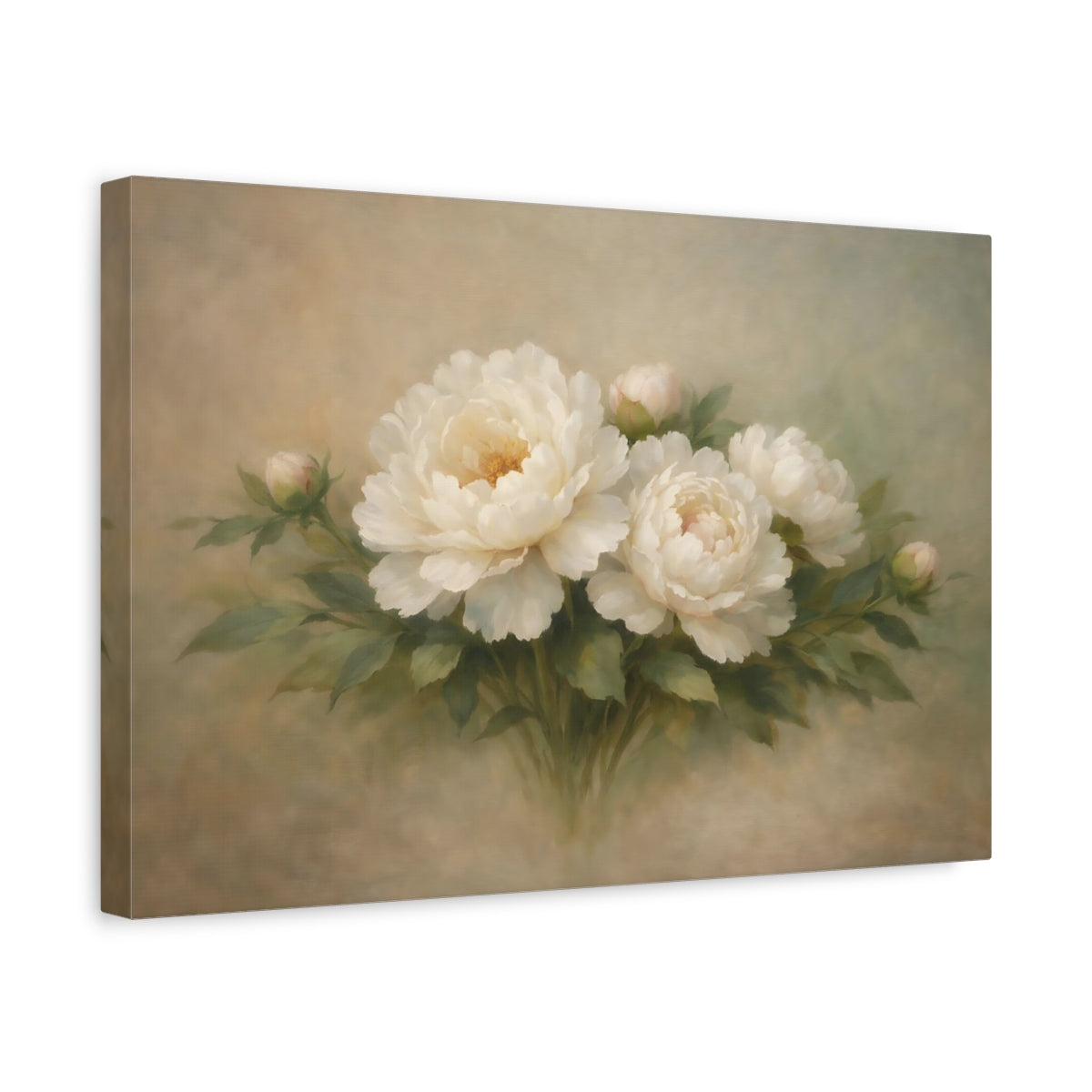 Side Mockup 4. Floral Peonies Cream And Green Floral shown as stretched canvas wall art