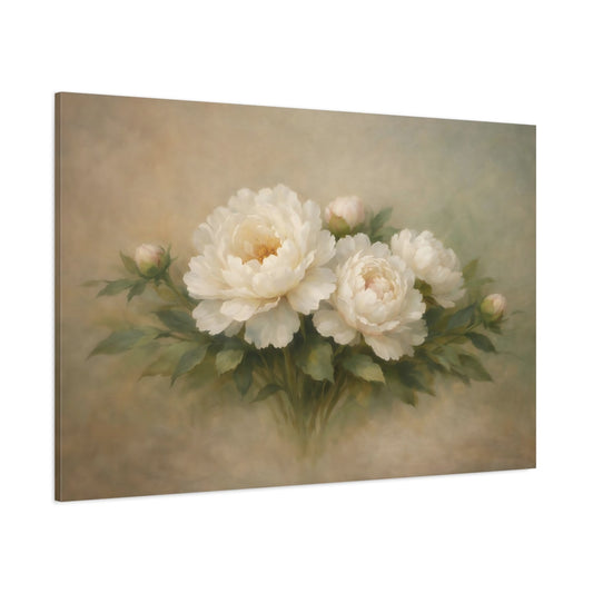 Main Mockup. Floral Peonies Cream And Green Floral shown as stretched canvas wall art
