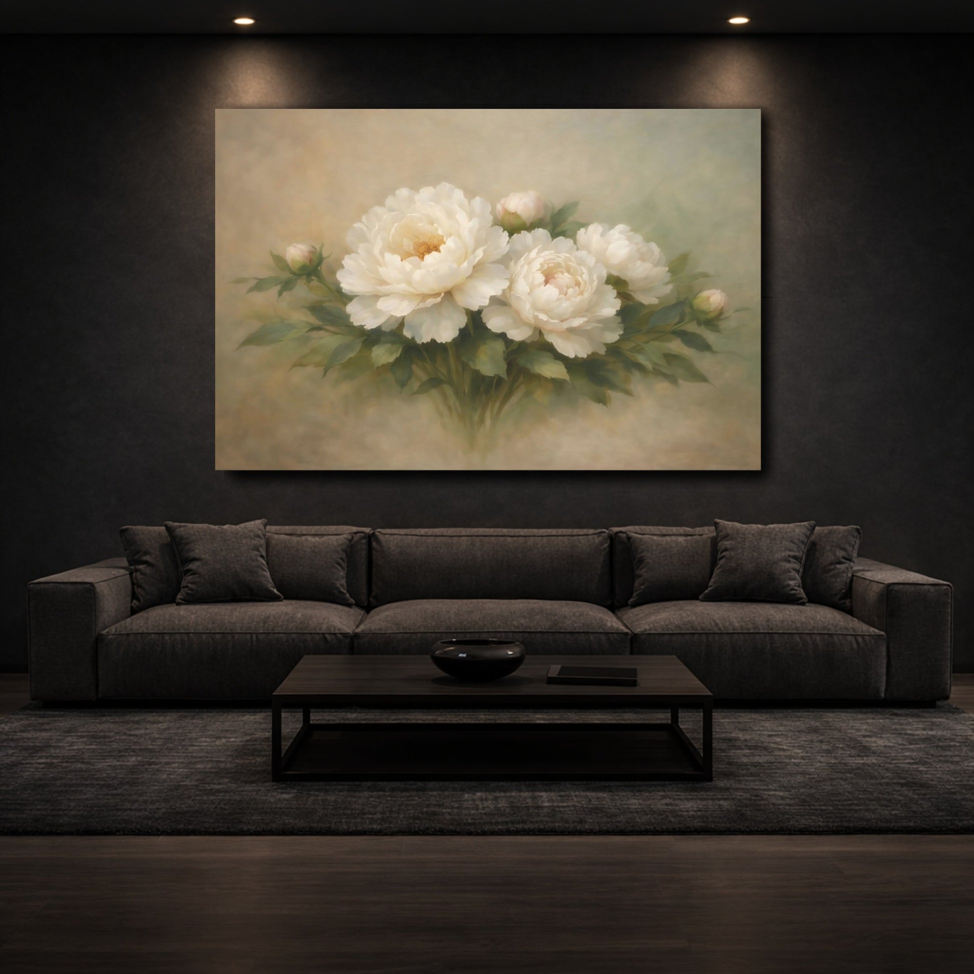 Mockup 2. Floral Peonies Cream And Green Floral shown as stretched canvas wall art