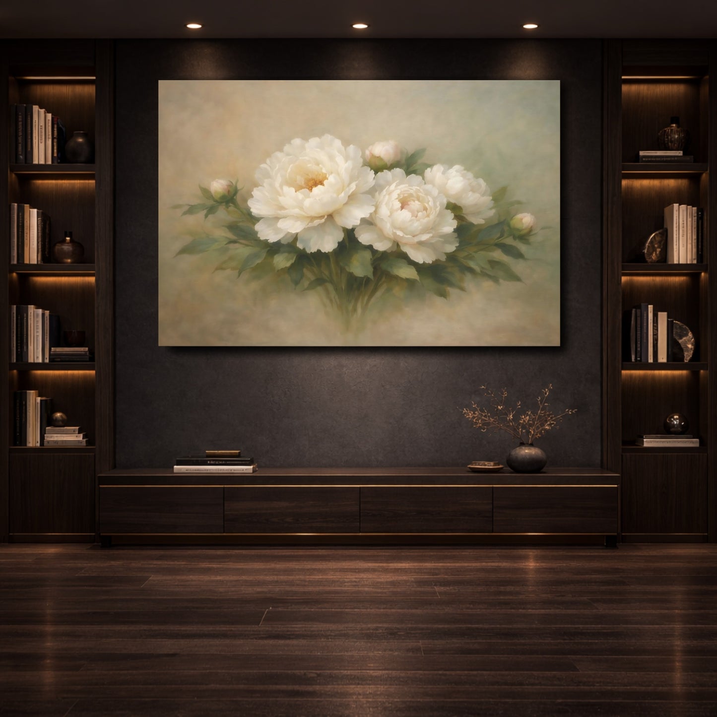 Mockup 3. Floral Peonies Cream And Green Floral shown as stretched canvas wall art