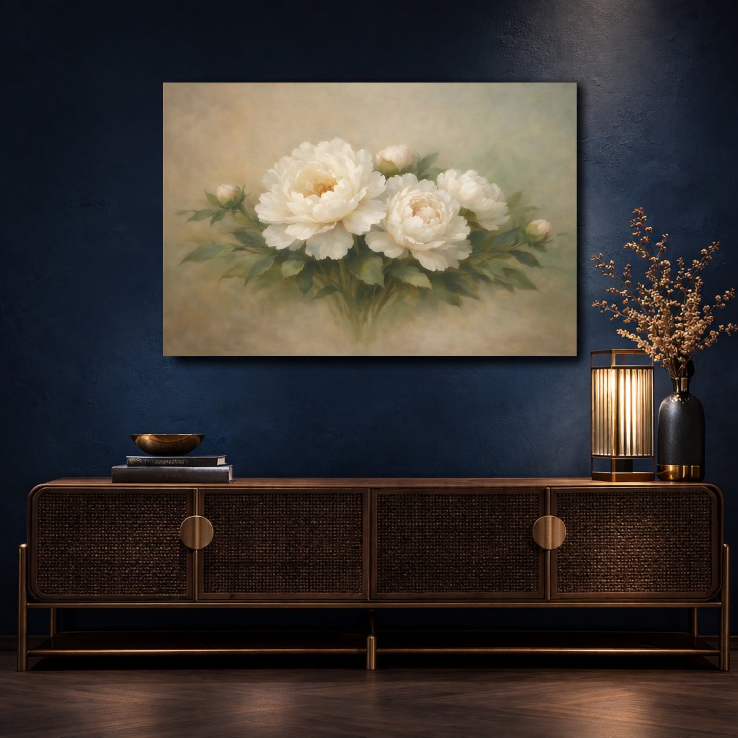 Mockup 4. Floral Peonies Cream And Green Floral shown as stretched canvas wall art