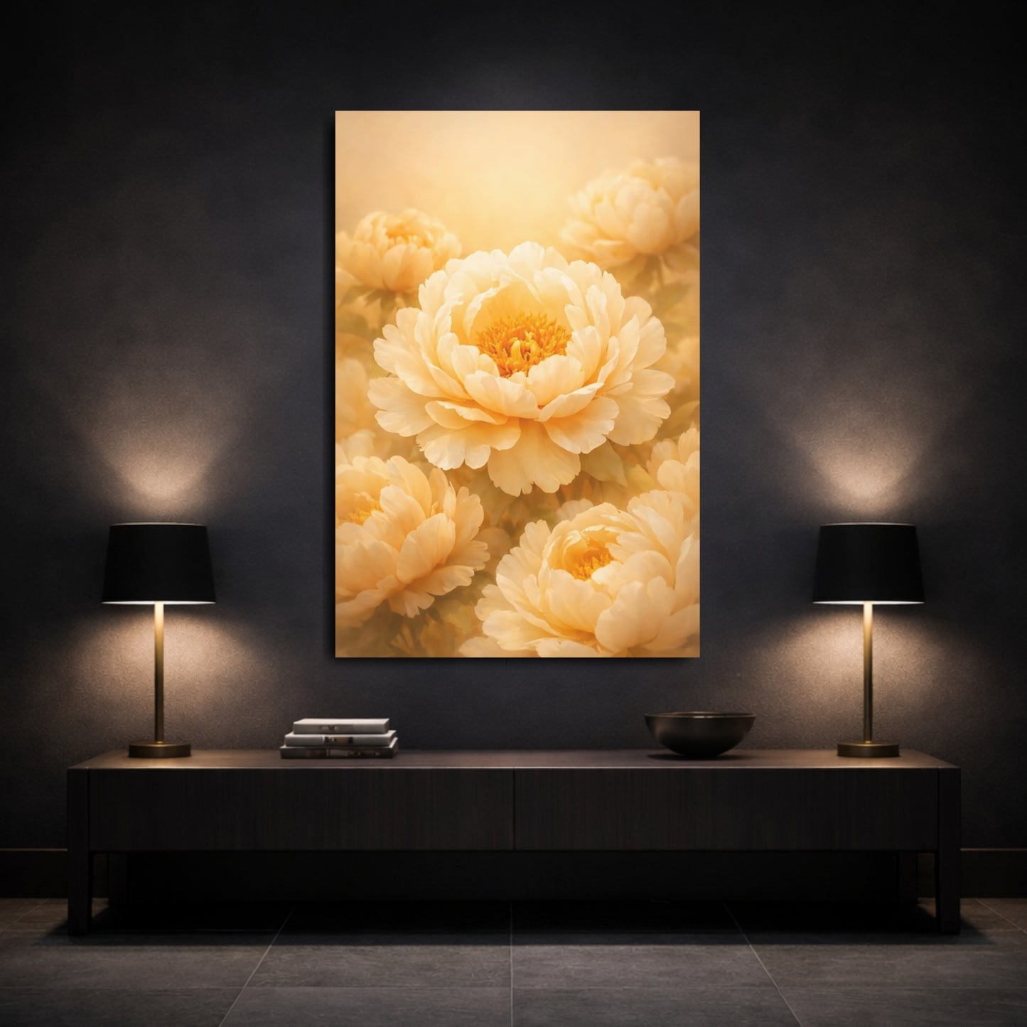 Floral Peonies Cream Peonies shown as front canvas room wall art