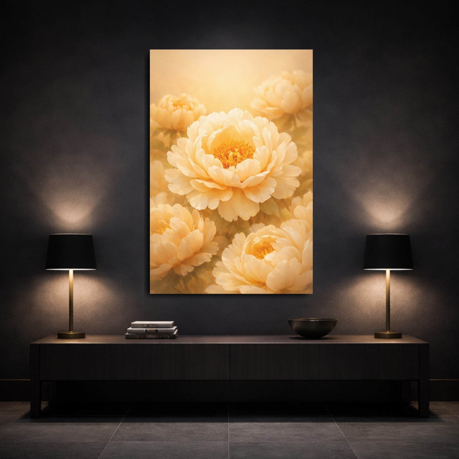 Floral Peonies Cream Peonies shown as front canvas room wall art