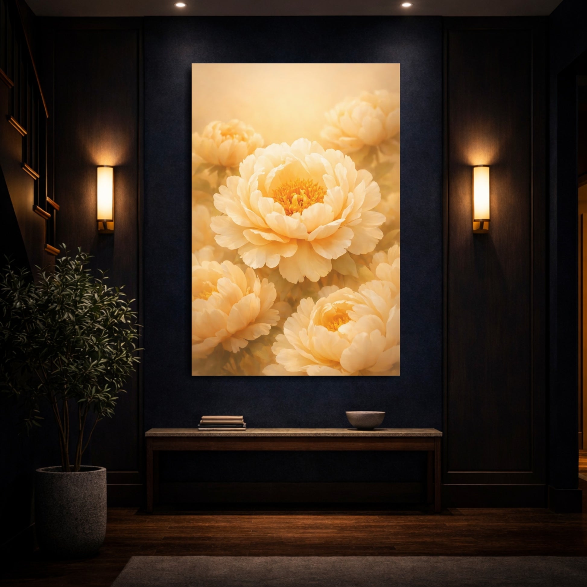 Floral Peonies Cream Peonies shown as front canvas room wall art